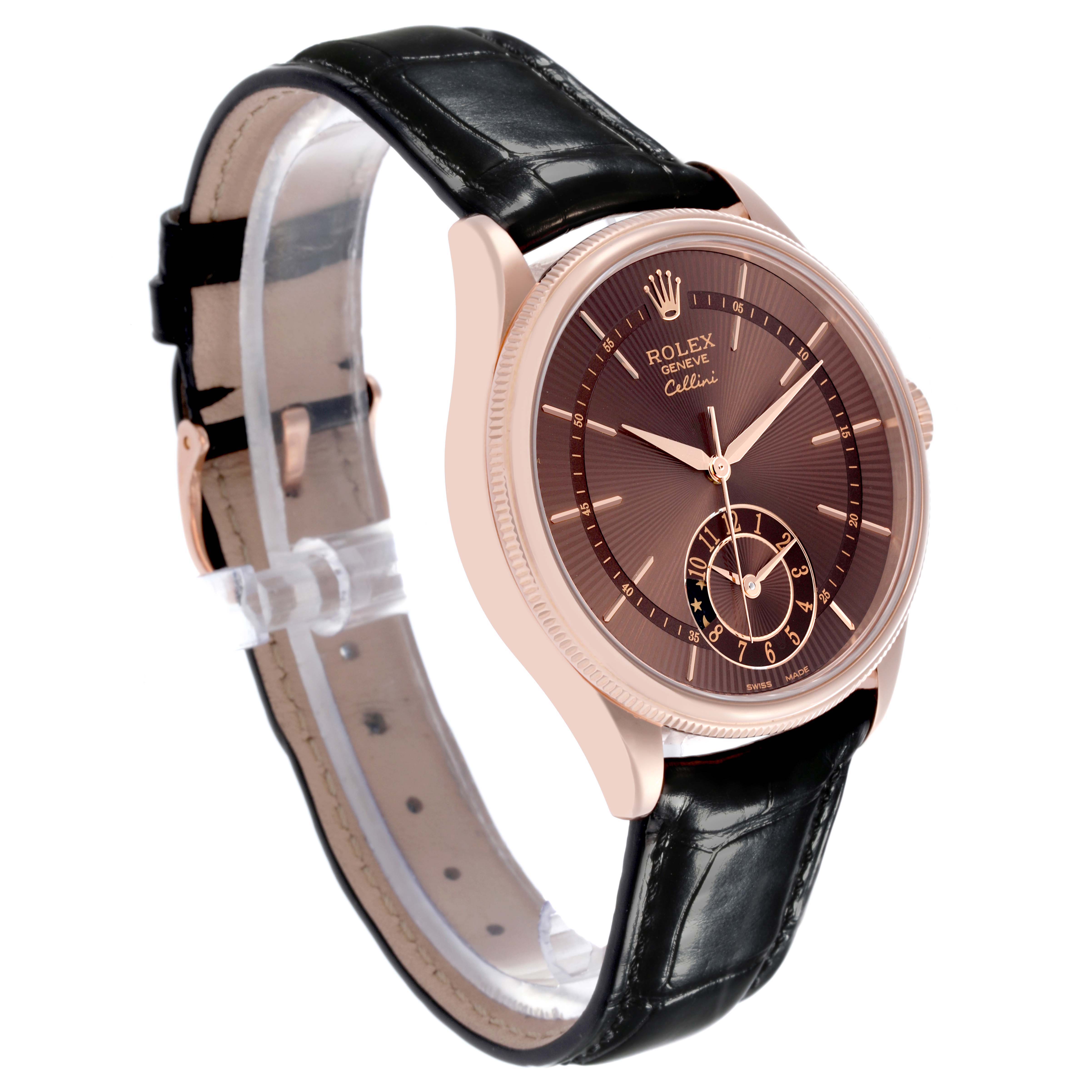 The Rolex Cellini 50525 Men's Rose Gold Brown Dial watch is shown at a slight angle, highlighting its face, leather strap, and side profile.