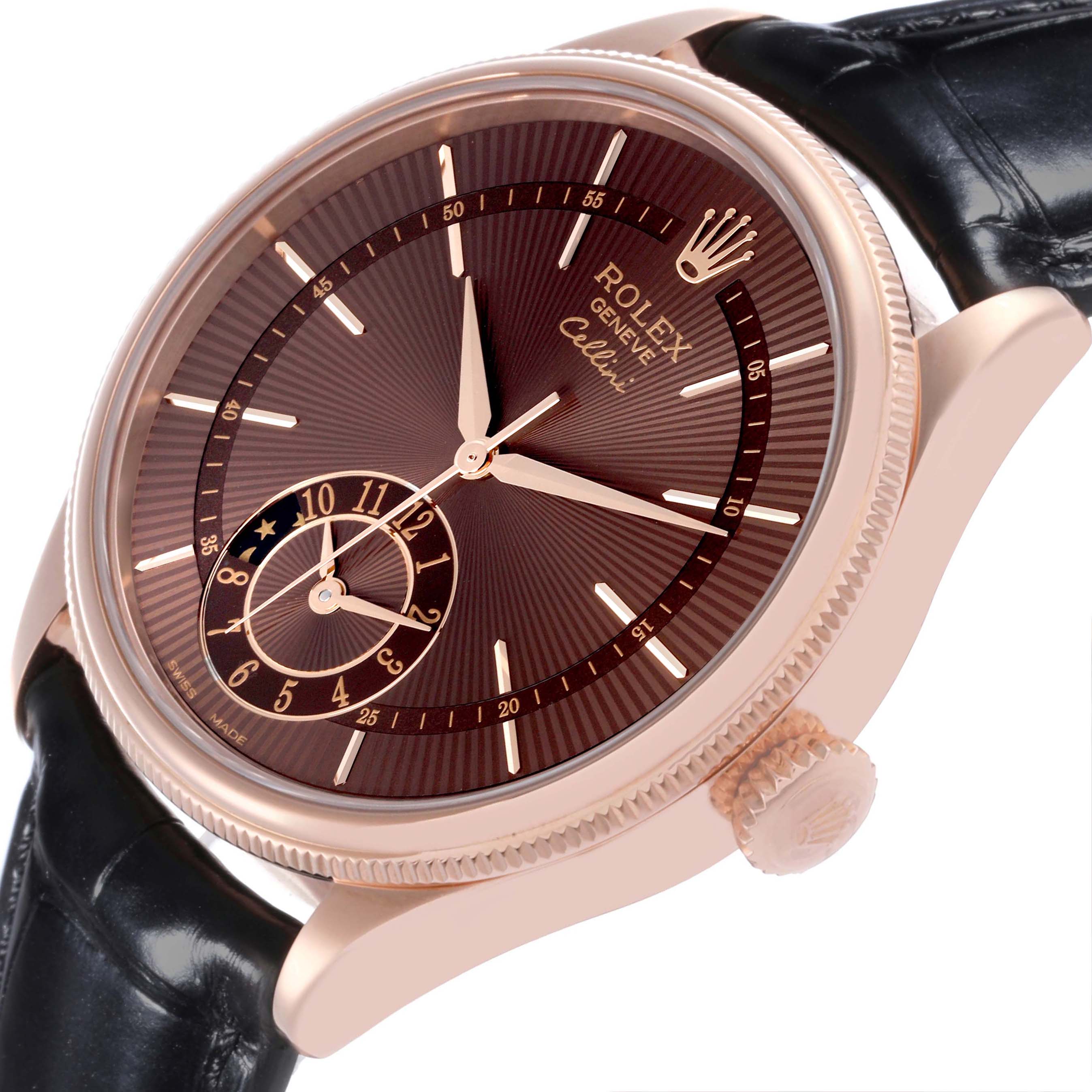 The Rolex Cellini 50525 Men's Rose Gold Brown Dial watch is shown at an oblique angle, highlighting the dial, case, crown, and leather strap.