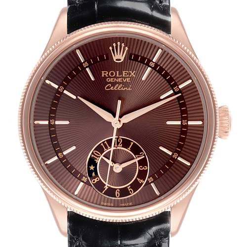 The image shows a Rolex Cellini 50525 Men's Rose Gold Brown Dial watch from a front angle, displaying the dial, hands, and part of the black strap.