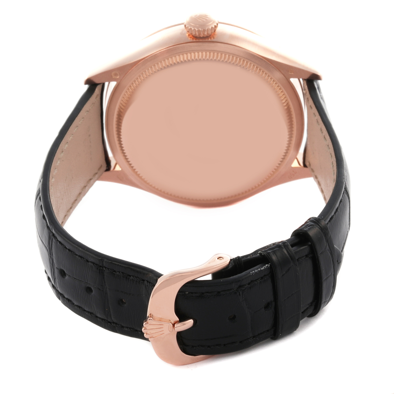 The Rolex Cellini 50525 Men's Rose Gold Brown Dial watch is shown from the back, highlighting the case, crown, and leather strap with its clasp.