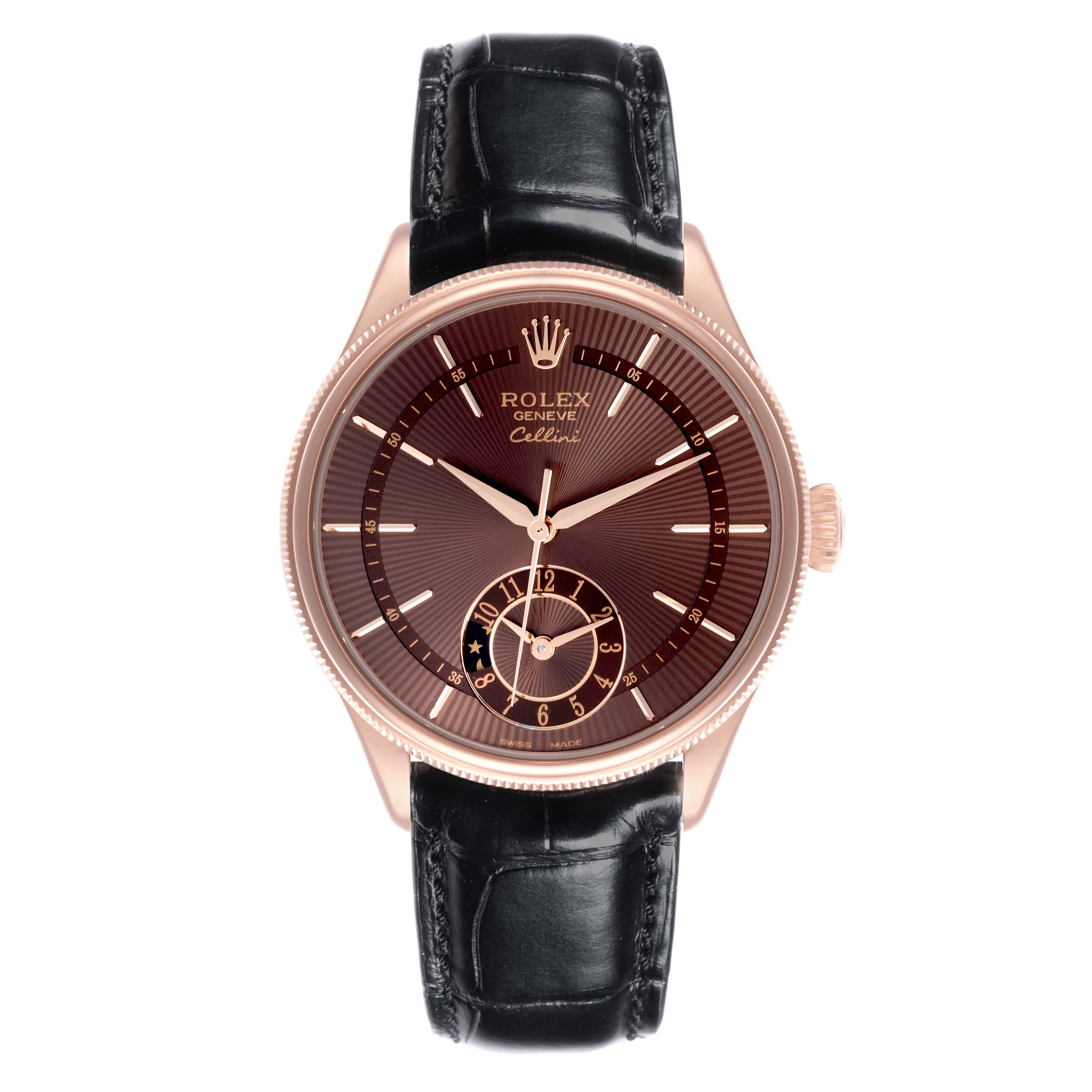 The Rolex Cellini 50525 Men's Rose Gold Brown Dial watch is shown from a top view, highlighting the dial, case, crown, and strap.