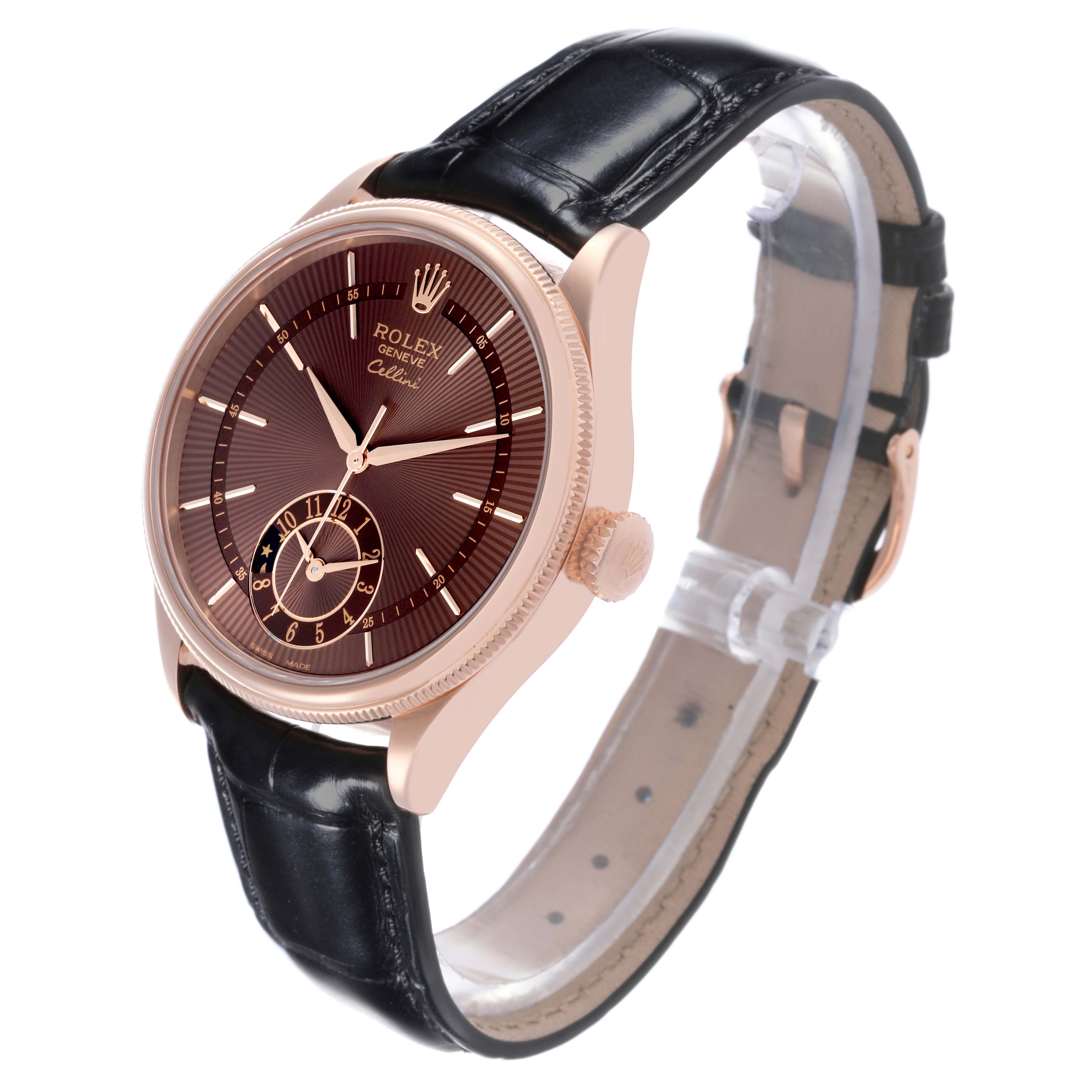 The Rolex Cellini 50525 Men's Rose Gold Brown Dial watch is shown at a three-quarter angle, highlighting the dial, case, crown, and strap.