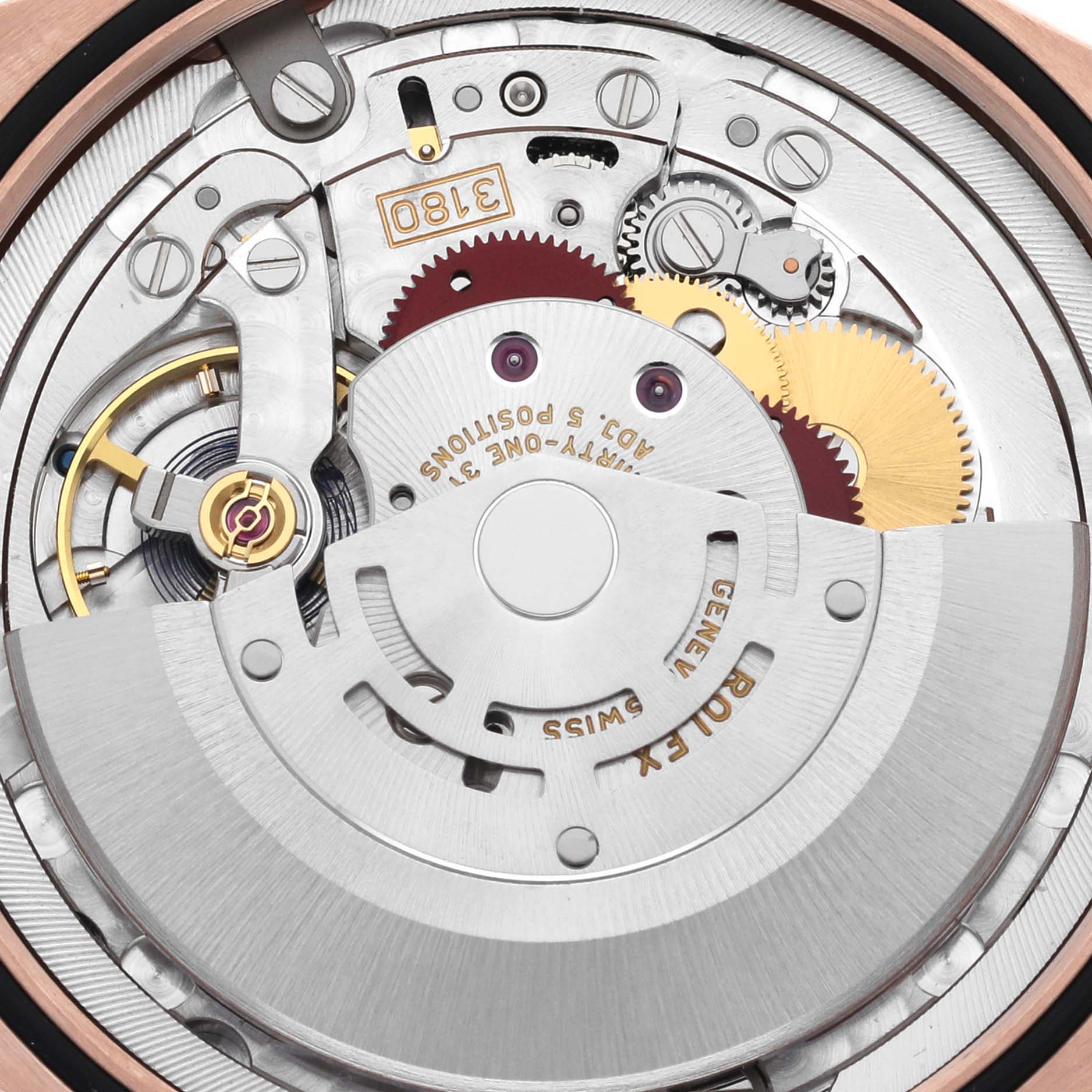 The image shows the intricate movement of a Rolex Cellini 50525 Men's Rose Gold Brown Dial watch at a close-up angle, highlighting gears and mechanical parts.