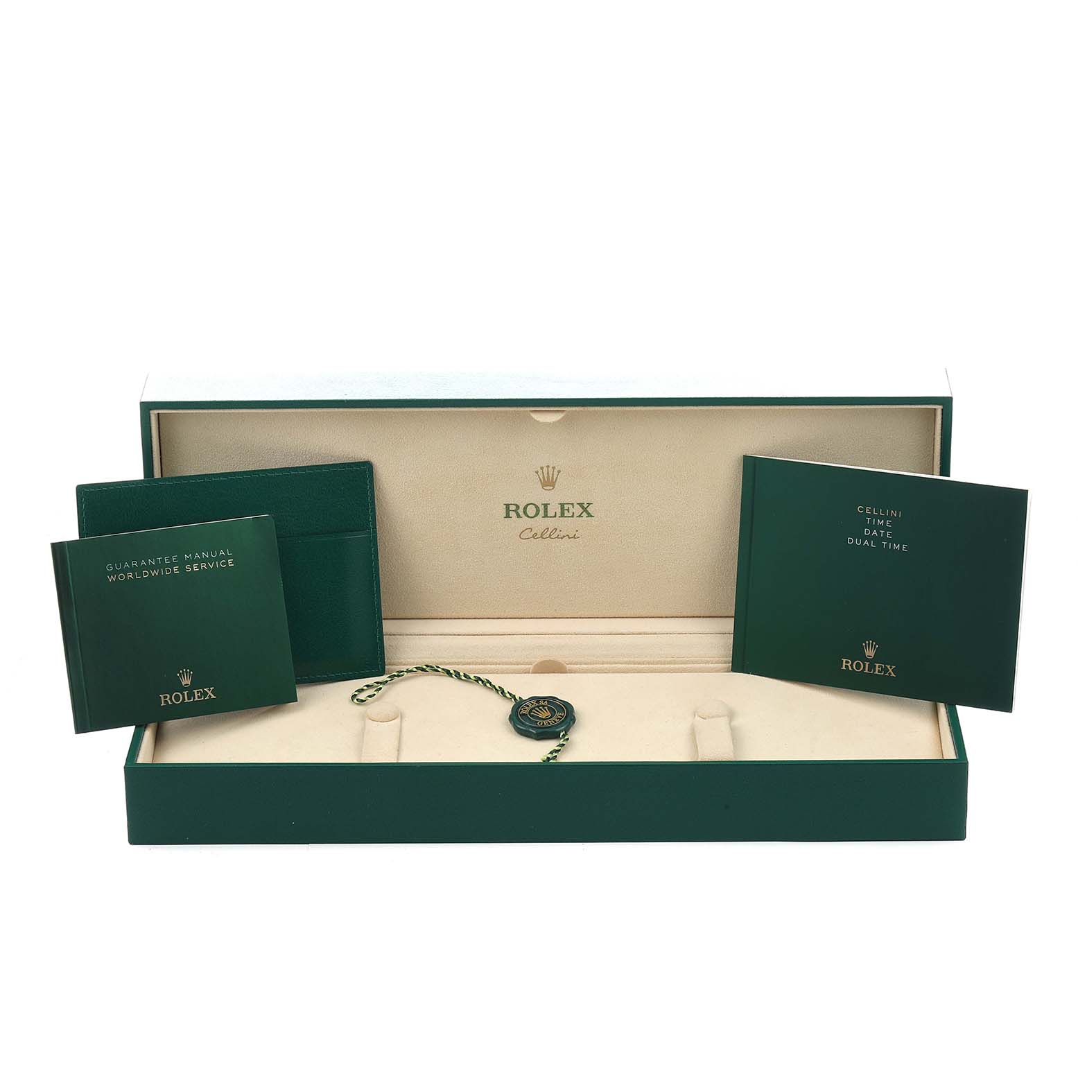 The image shows a Rolex Cellini 50525 Men's Rose Gold Black Dial watch box with manuals and a hang tag from a frontal angle.