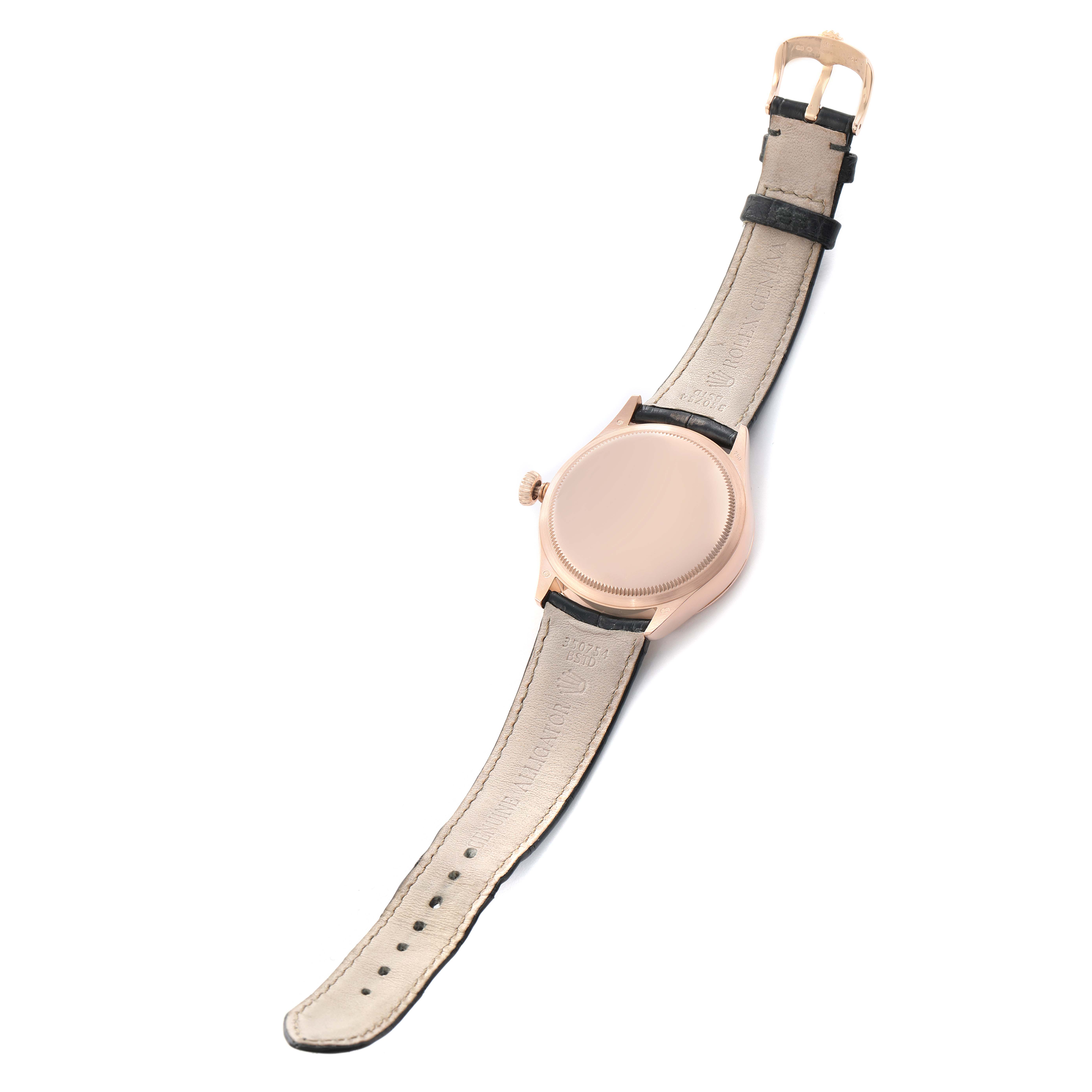 The Rolex Cellini 50525 Men's Rose Gold Black Dial watch is shown from the back, displaying the case back, strap, and buckle from an overhead angle.