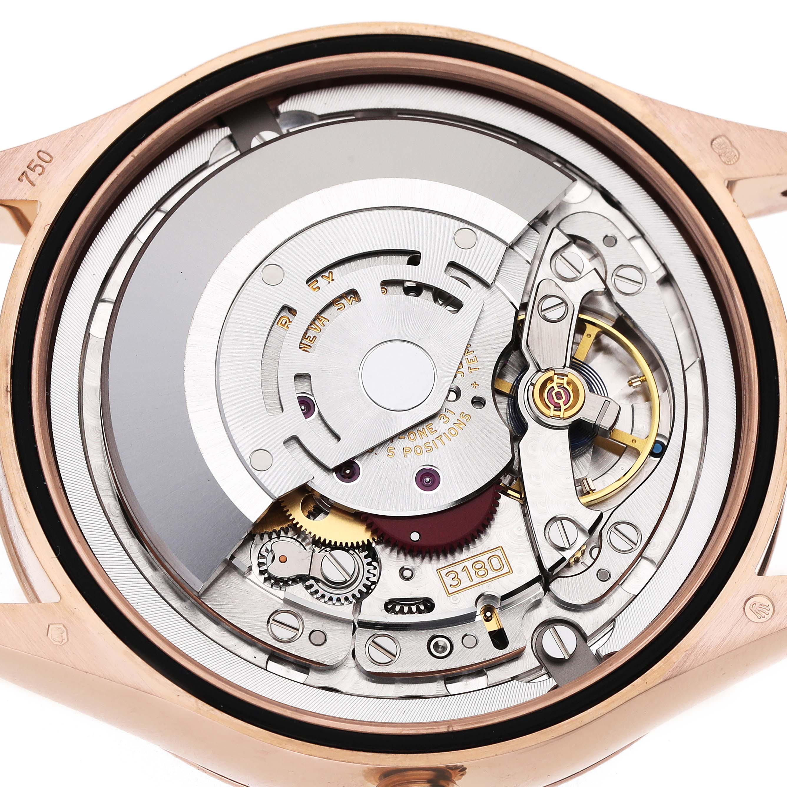 The image shows the movement of a Rolex Cellini 50525 Men's Rose Gold Black Dial watch from a top-down angle, highlighting its intricate mechanical parts.