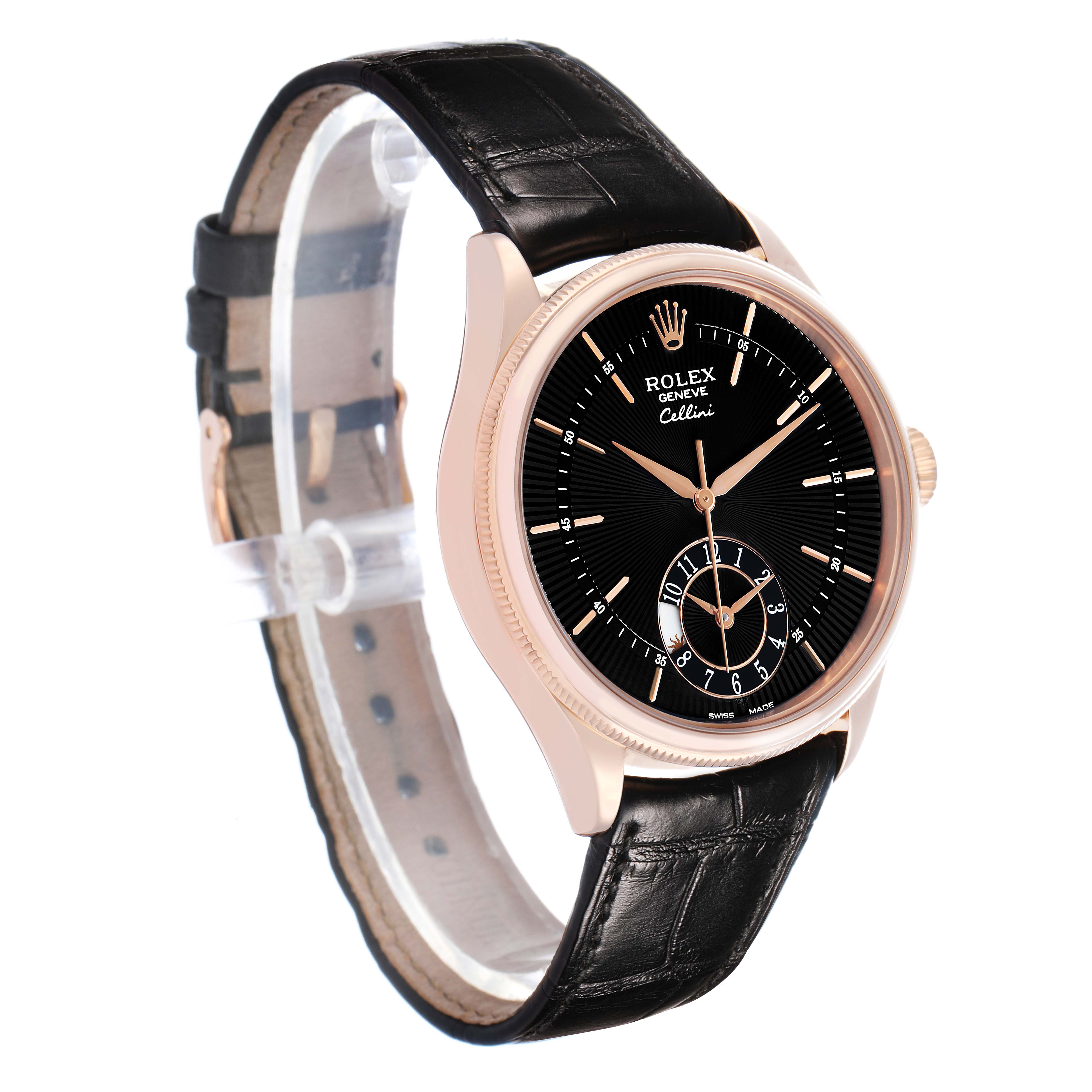 The Rolex Cellini 50525 Men's Rose Gold Black Dial watch is shown at a three-quarter angle, displaying its black dial, rose gold case, and black leather strap.