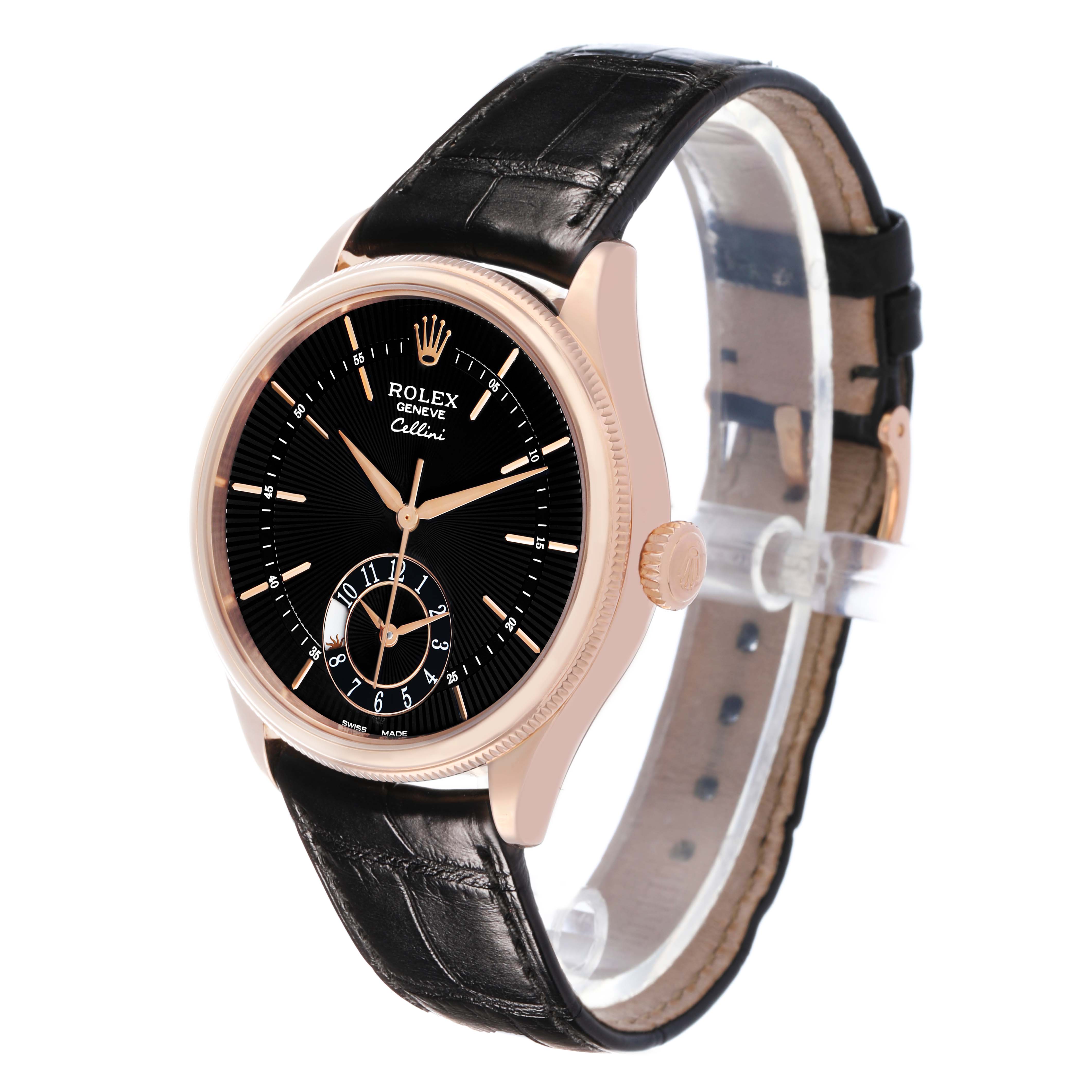 The Rolex Cellini 50525 Men's Rose Gold Black Dial watch is shown at a three-quarter angle, displaying the face, crown, and leather strap.