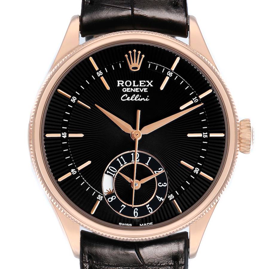 The Rolex Cellini 50525 Men's Rose Gold Black Dial watch is shown from the front, highlighting the black dial, gold markers, hands, and an additional subdial.