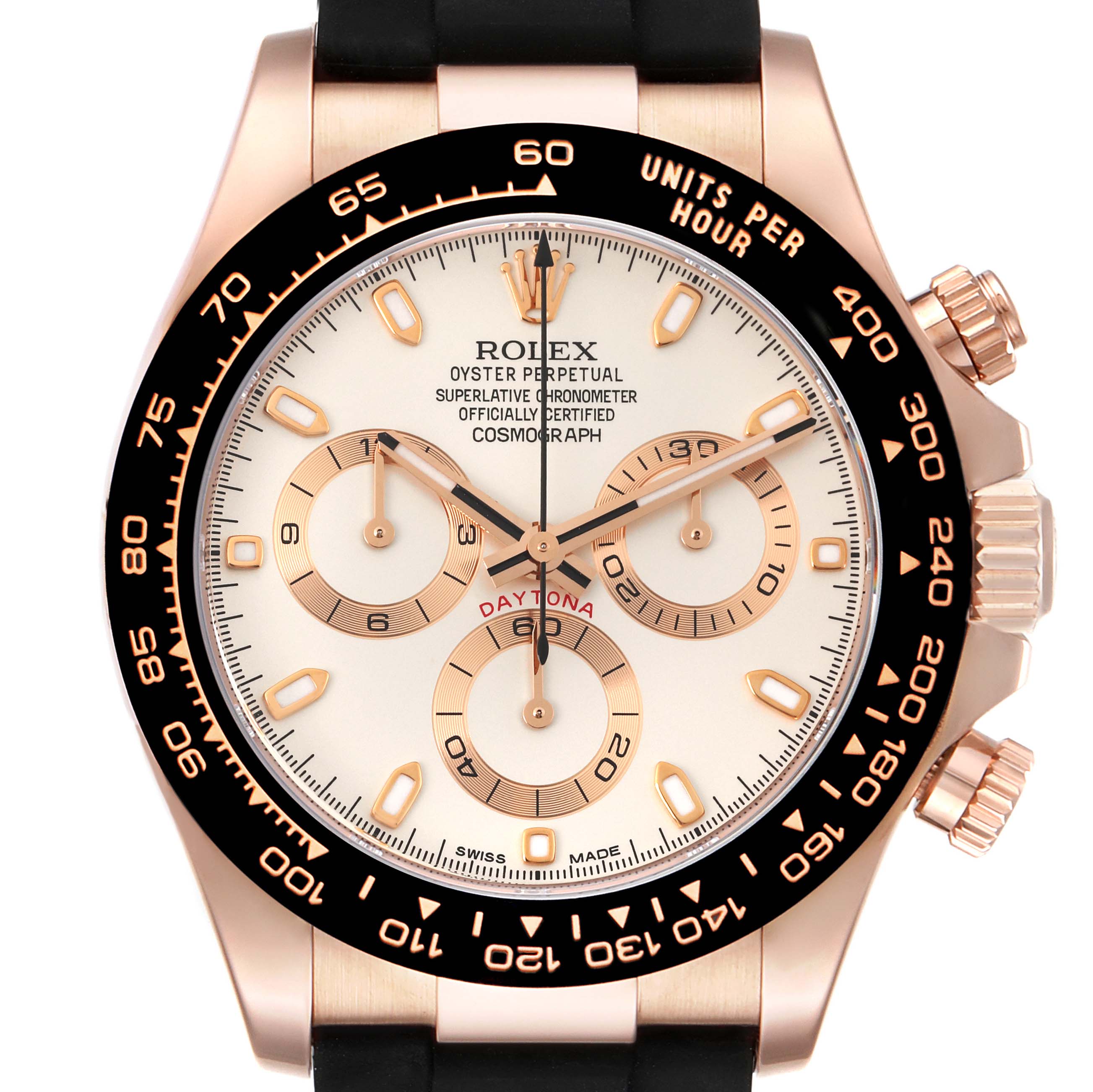 The Rolex Daytona 116515LN Men
s Rose Gold White Dial 116515LN Men
s Rose Gold White Dial watch is shown from a front angle, displaying its dial, chronograph sub-dials, bezel, and crown.