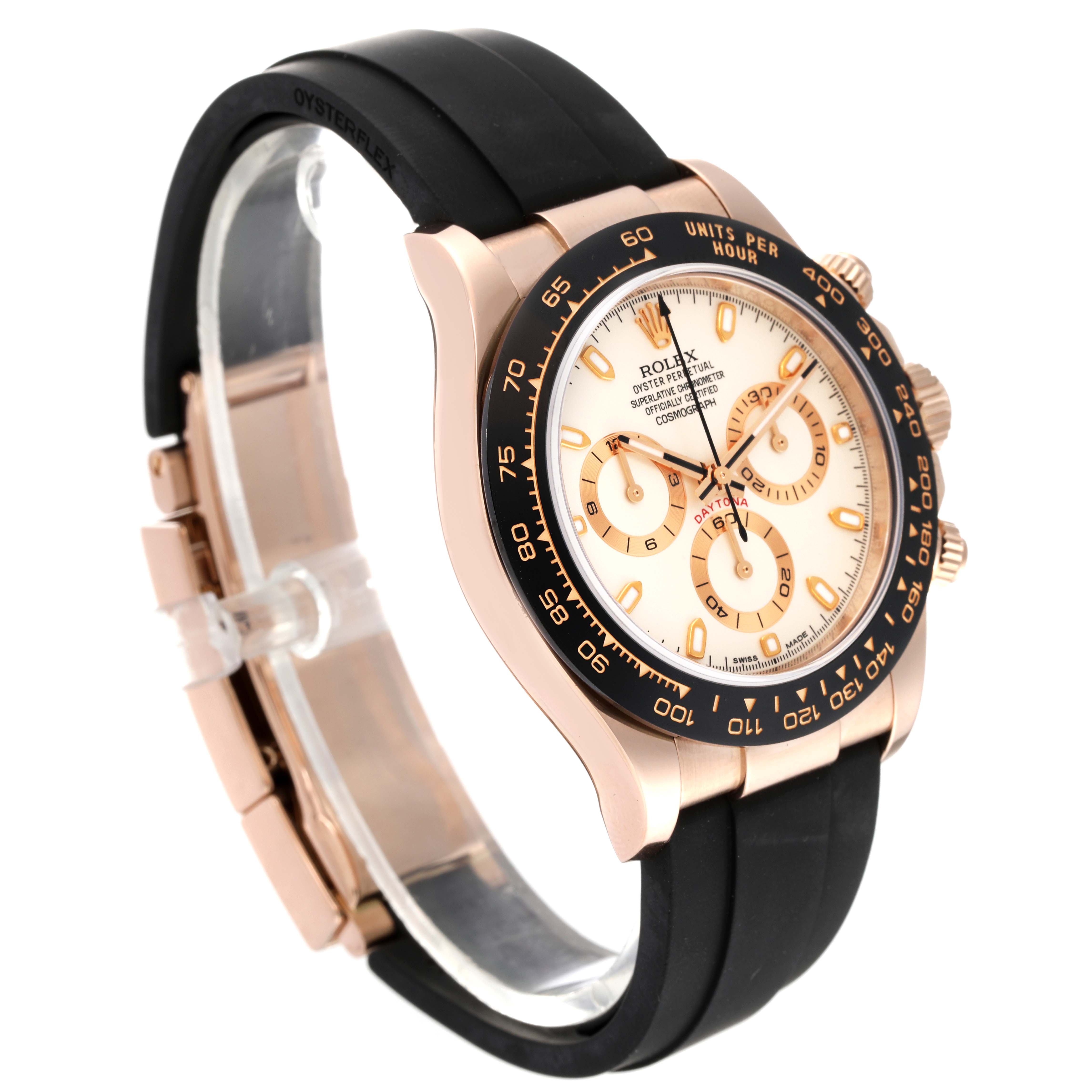 This image shows a side and front angle of a Rolex Daytona 116515LN Men
s Rose Gold White Dial 116515LN Men
s Rose Gold White Dial watch with a black rubber strap and rose gold case.
