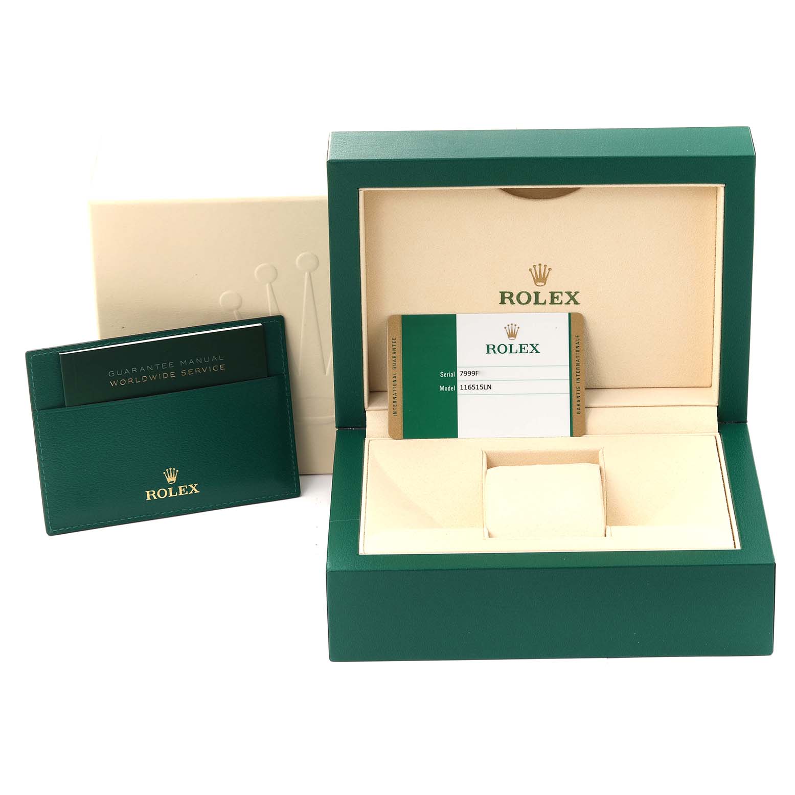 This image shows the packaging, guarantee manual, and cardholder for a Rolex Daytona 116515LN Men
s Rose Gold White Dial 116515LN Men
s Rose Gold White Dial watch.