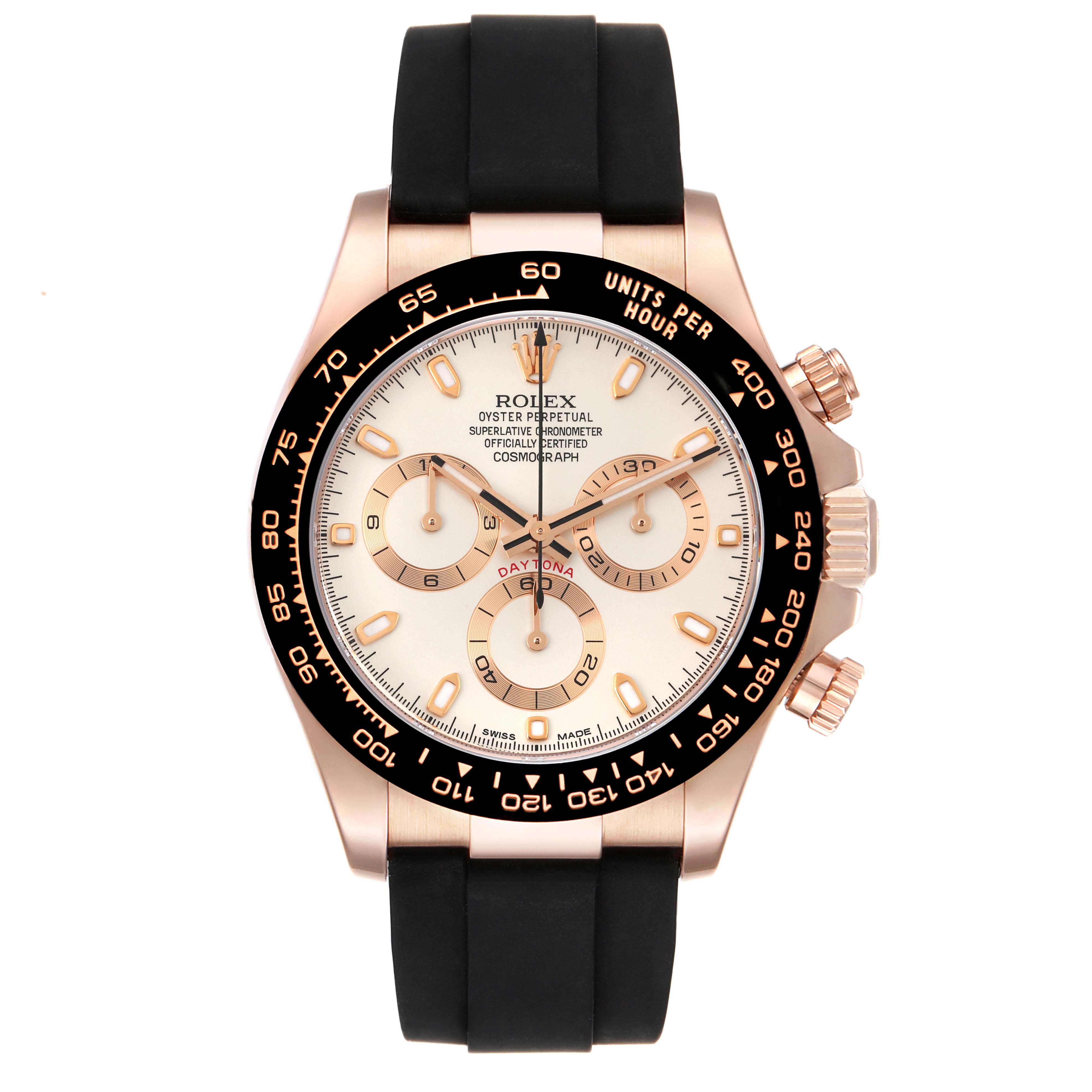This image shows a front view of a Rolex Daytona 116515LN Men
s Rose Gold White Dial 116515LN Men
s Rose Gold White Dial watch, highlighting the face, bezel, crown, and strap.