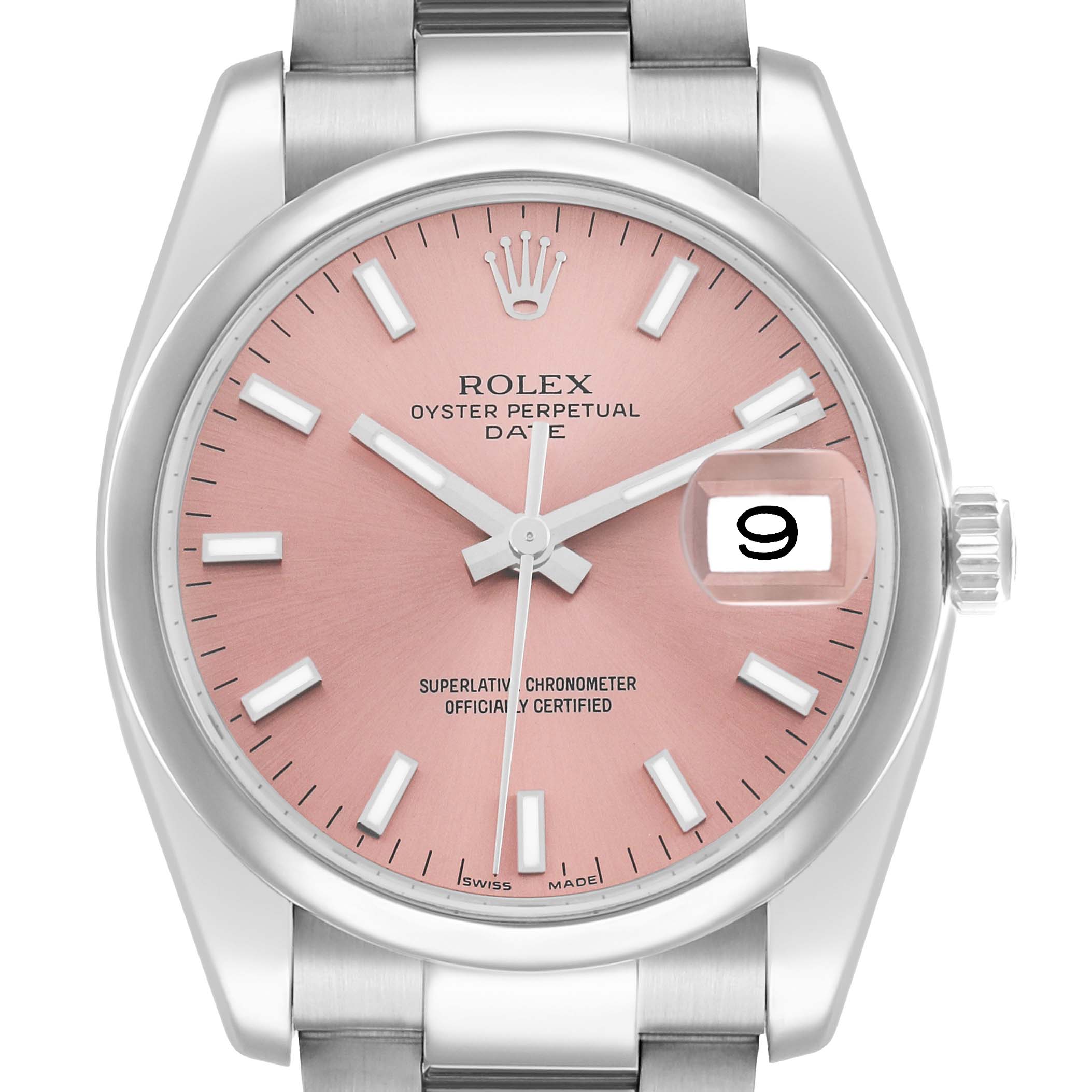 The Rolex Date 115200 Men's Stainless Steel Pink Dial model watch is shown from a front angle, highlighting the pink dial, date window, crown, and part of the bracelet.