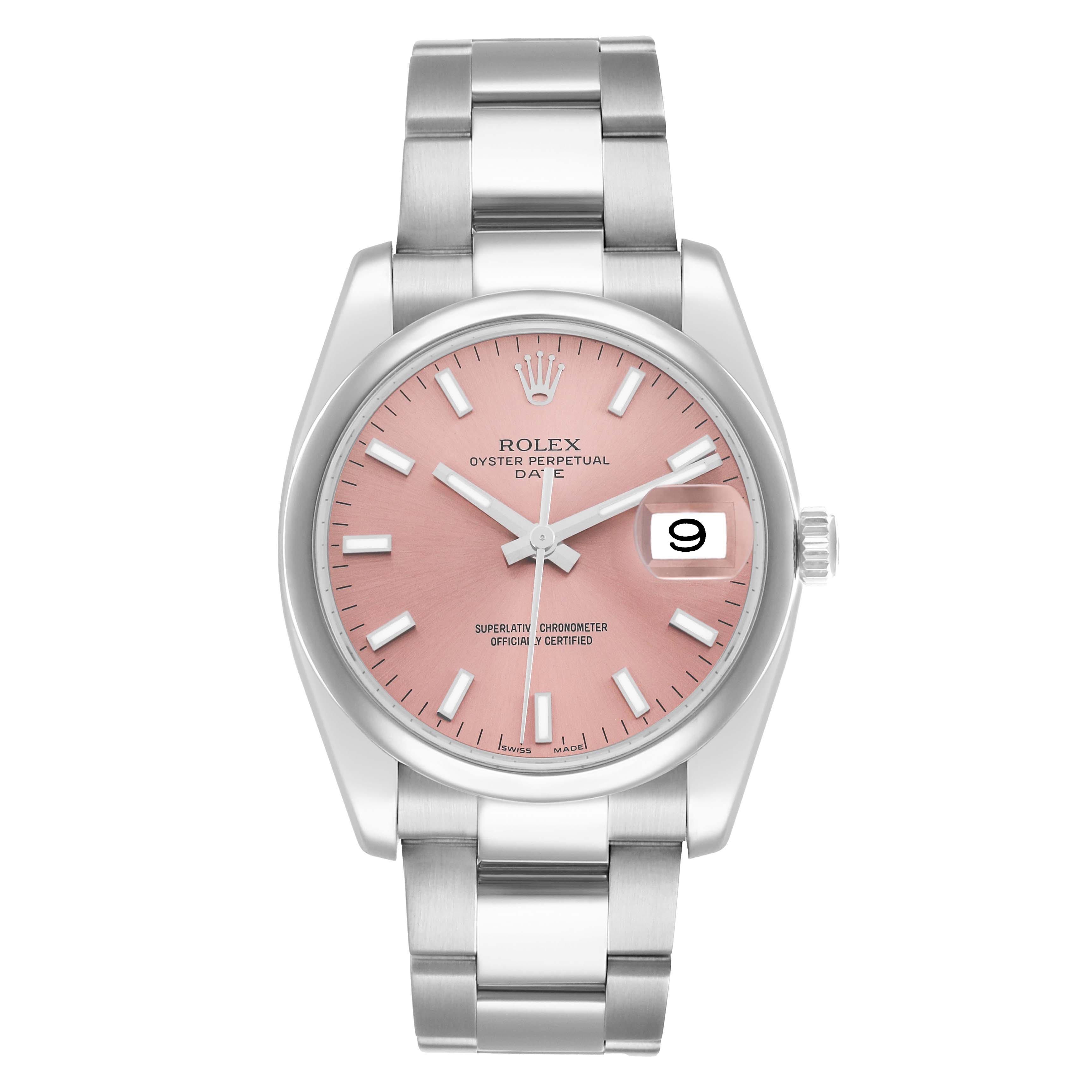 The Rolex Date 115200 Men's Stainless Steel Pink Dial model watch is shown from a front view, displaying its pink dial, date window, and stainless steel bracelet.