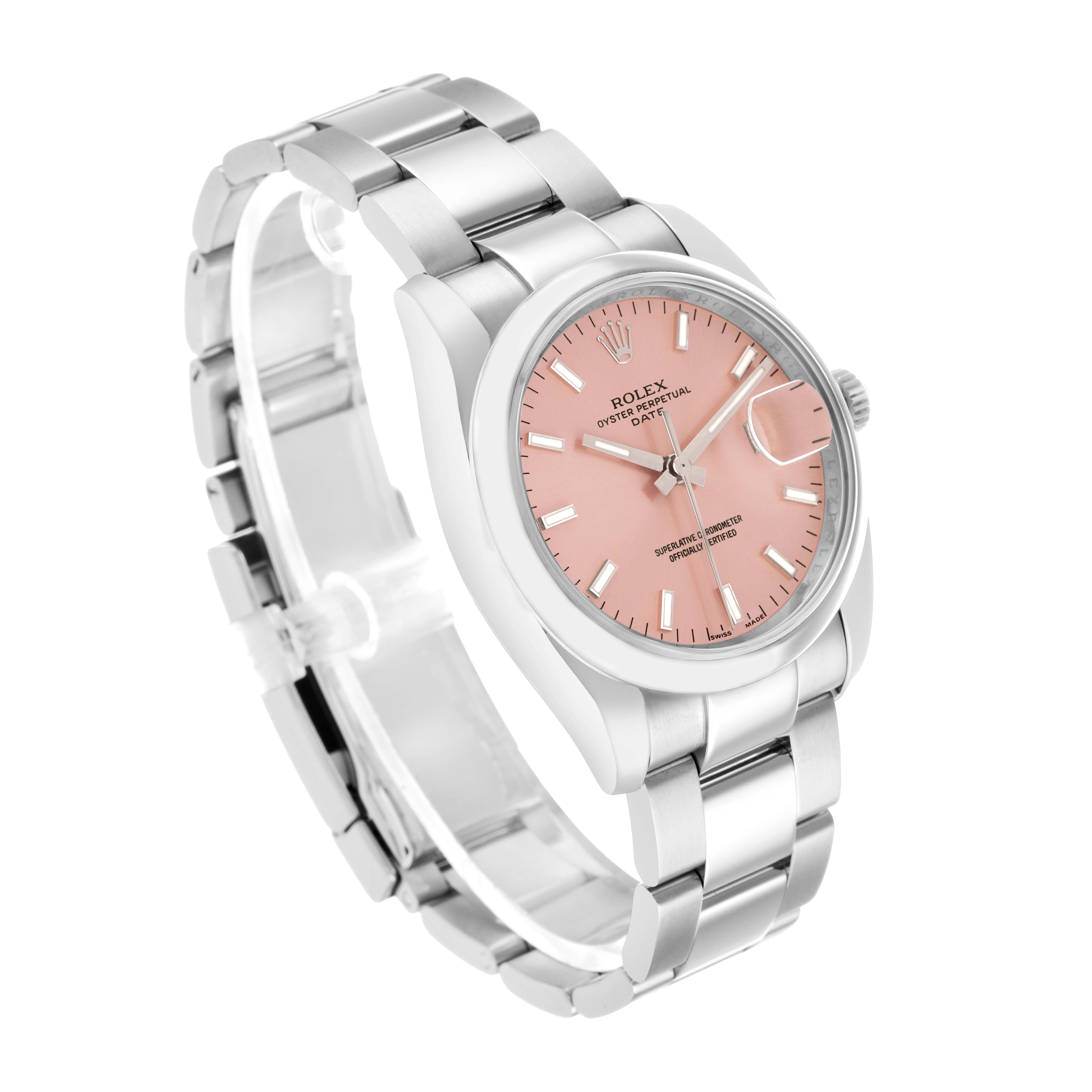 The Rolex Date 115200 Men's Stainless Steel Pink Dial watch is shown at a slight angle, highlighting the pink dial, bezel, case, and part of the bracelet.