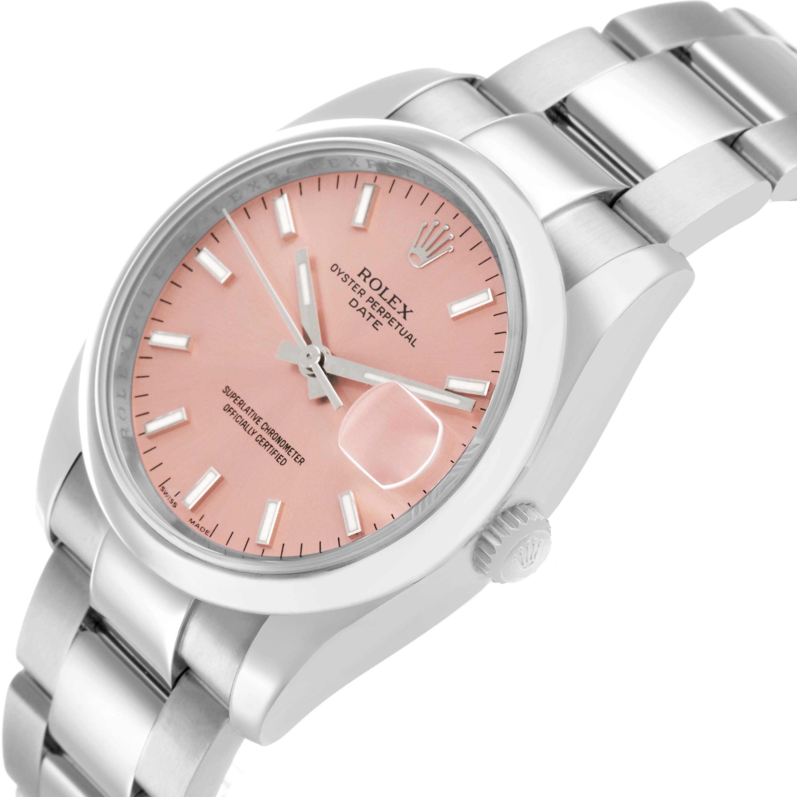 The Rolex Date 115200 Men's Stainless Steel Pink Dial watch is shown from an oblique angle, displaying the dial, bezel, crown, and bracelet.