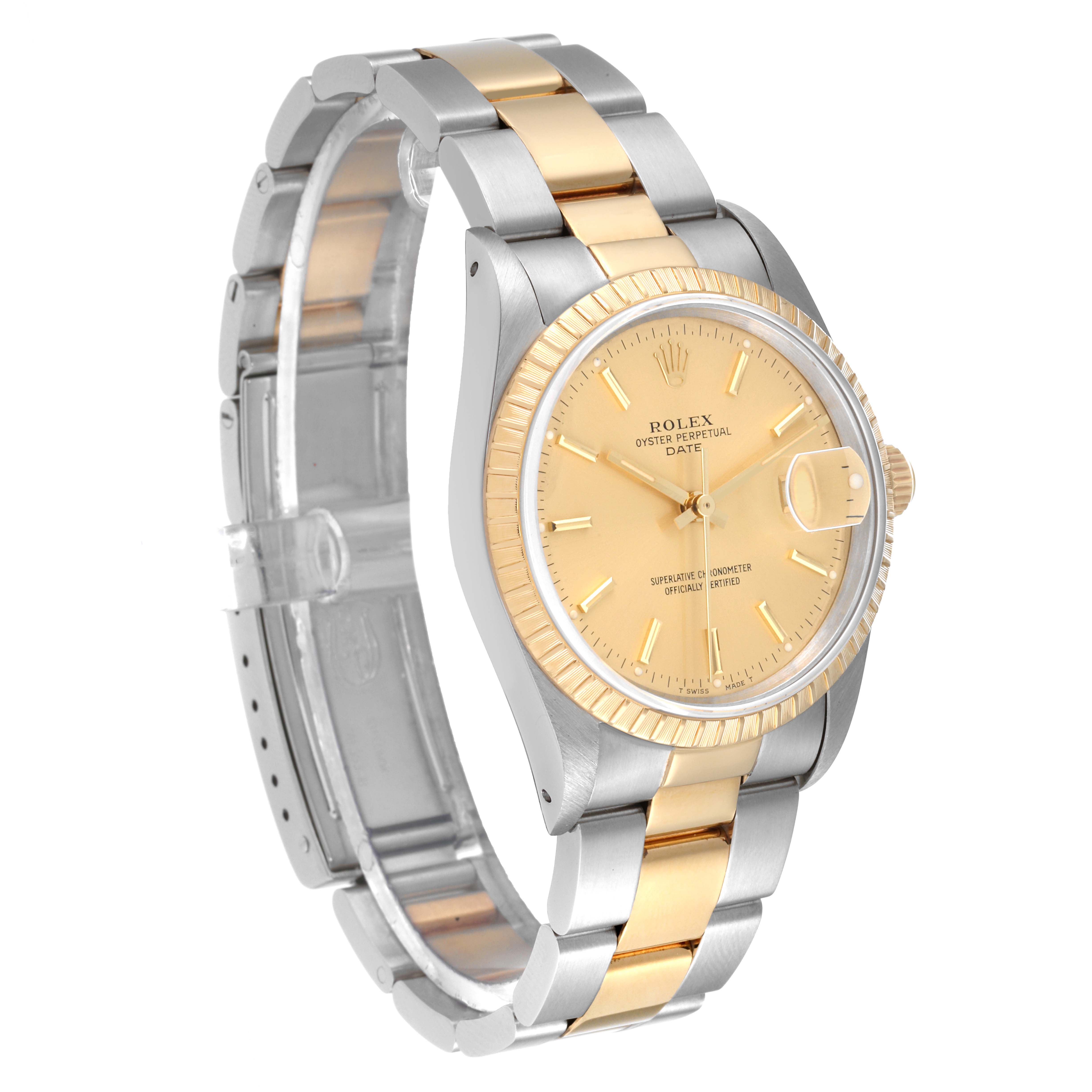 The Rolex Date 15223 Men's Steel and Gold (two tone) Champagne Dial 15223 Men's Steel and Gold (two tone) Champagne Dial model watch is shown at an angle displaying the face, bezel, and bracelet.