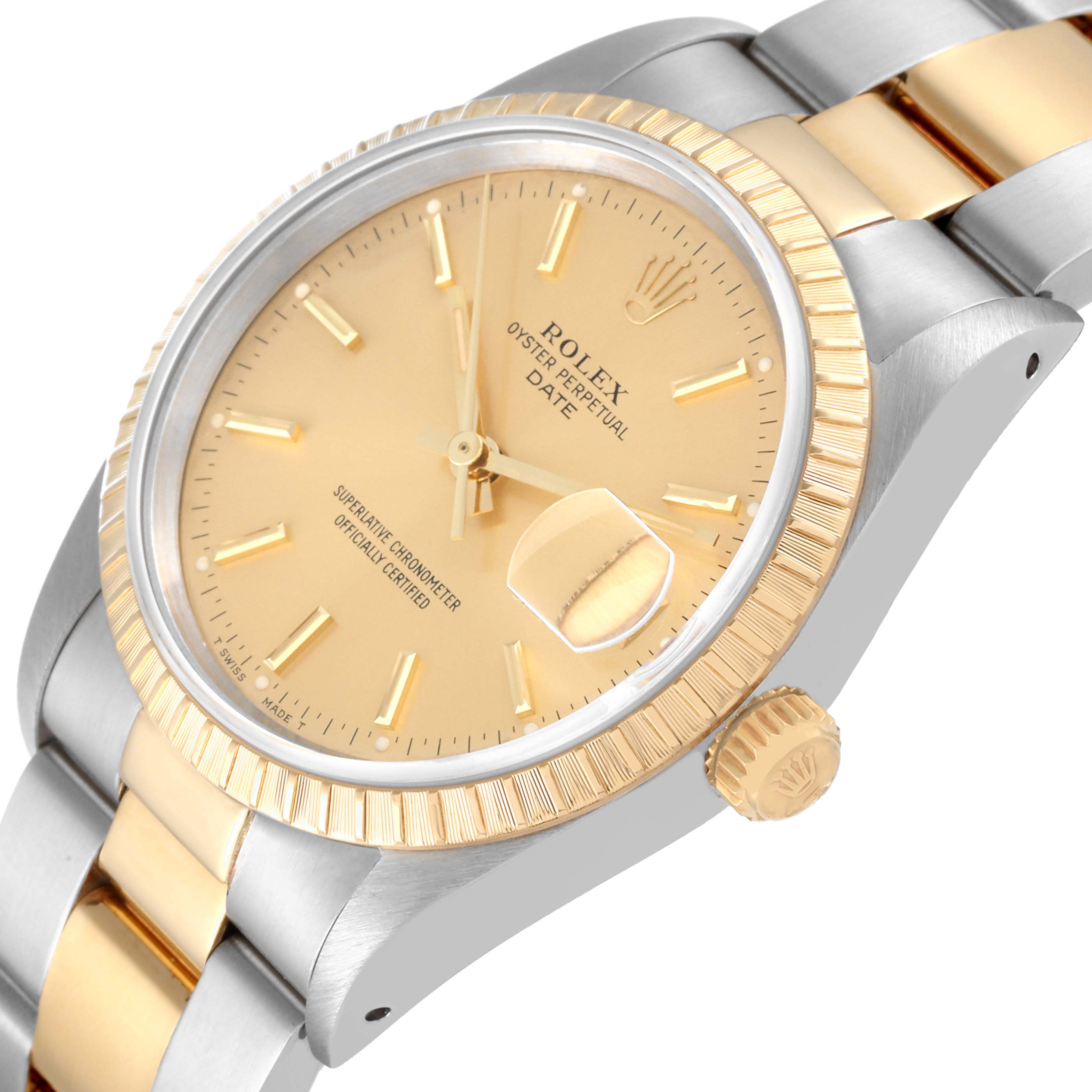 This Rolex Date 15223 Men's Steel and Gold (two tone) Champagne Dial 15223 Men's Steel and Gold (two tone) Champagne Dial model watch is shown at a slight angle, highlighting the dial, bezel, crown, and part of the bracelet.