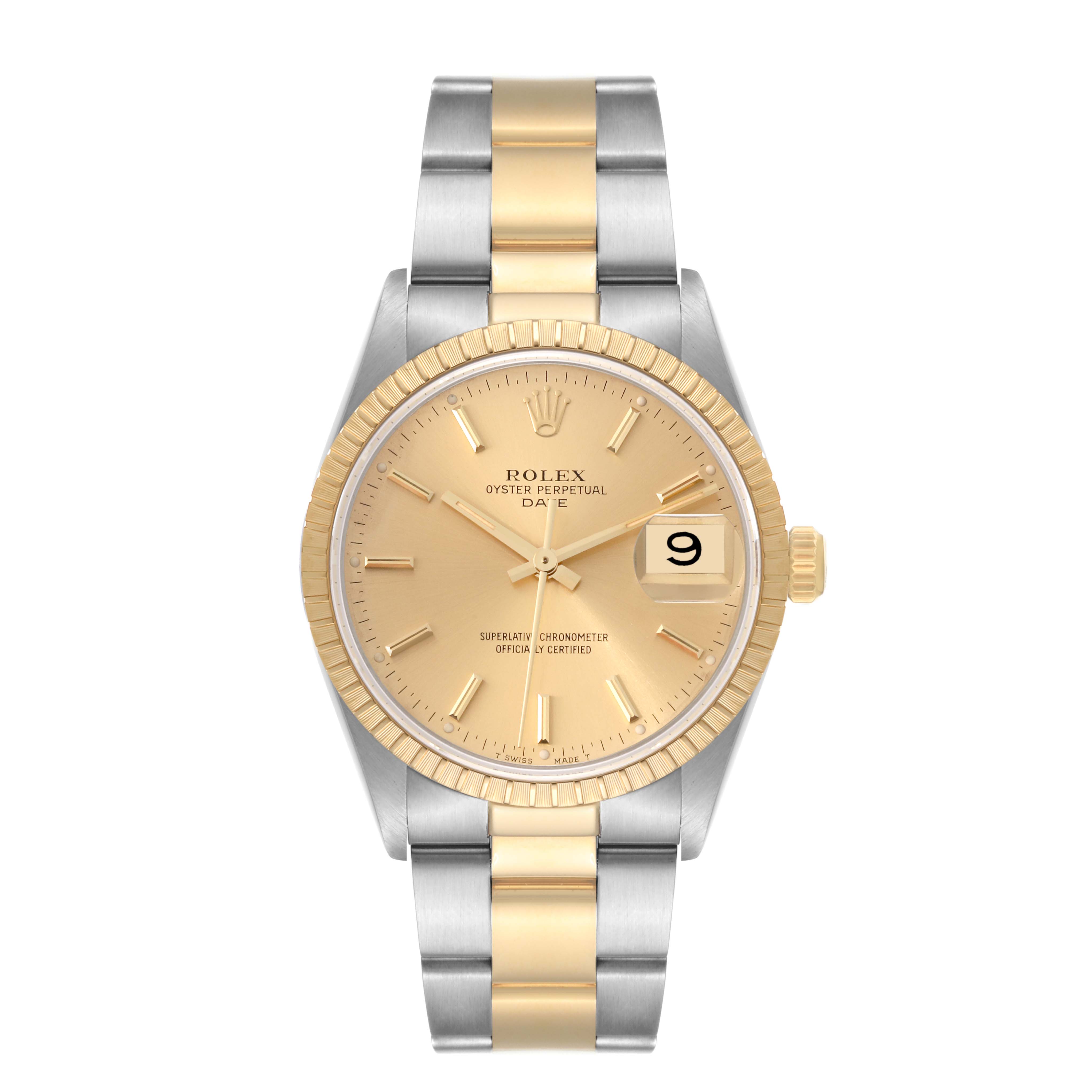 The image shows a front view of a Rolex Date 15223 Men's Steel and Gold (two tone) Champagne Dial 15223 Men's Steel and Gold (two tone) Champagne Dial model featuring a gold dial, gold and silver bracelet, and fluted bezel.