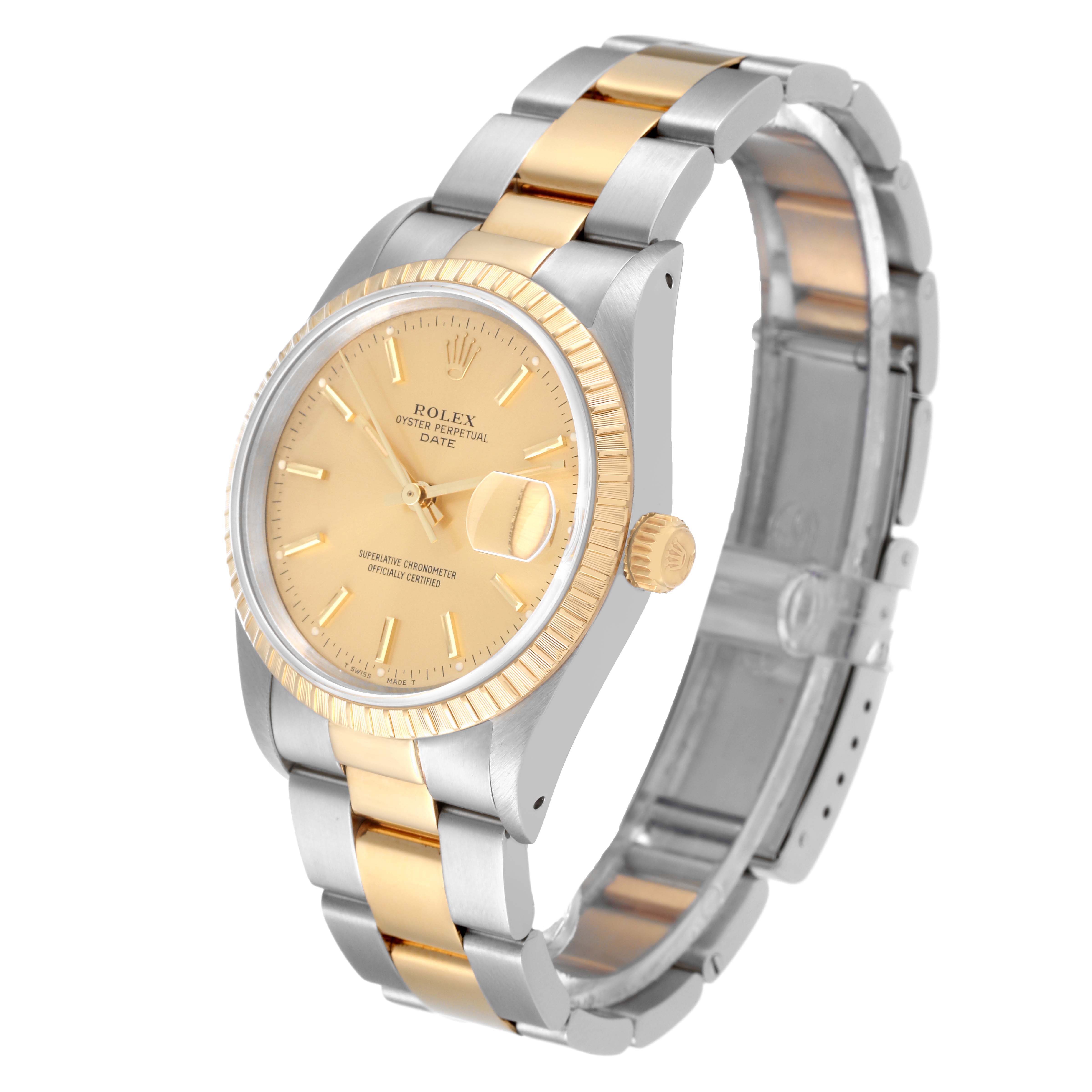 The Rolex Date 15223 Men's Steel and Gold (two tone) Champagne Dial 15223 Men's Steel and Gold (two tone) Champagne Dial model watch is shown at an angle displaying the dial, bezel, crown, and bracelet.