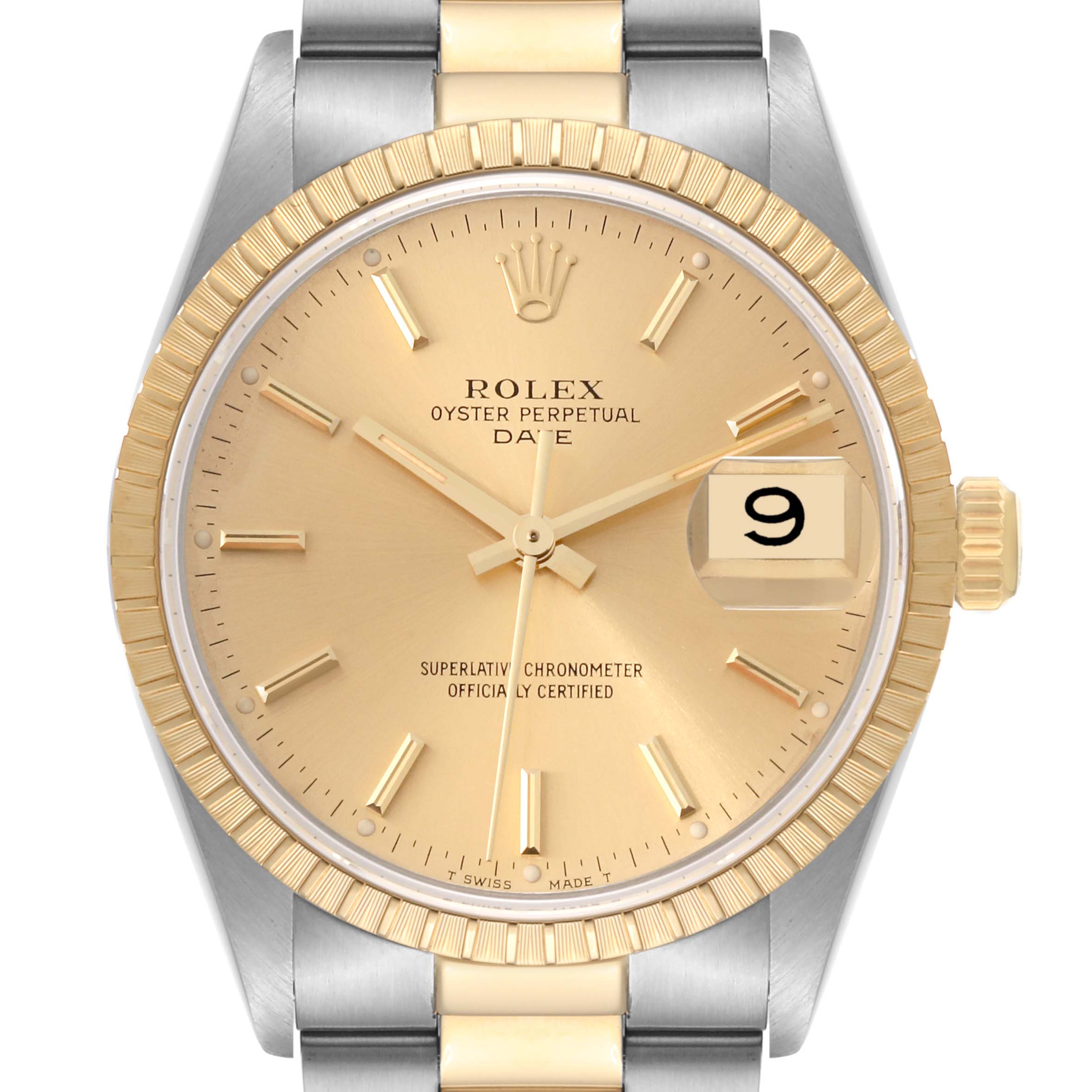 This image shows a front view of a Rolex Date 15223 Men's Steel and Gold (two tone) Champagne Dial 15223 Men's Steel and Gold (two tone) Champagne Dial model watch, highlighting the dial, bezel, crown, and part of the bracelet.