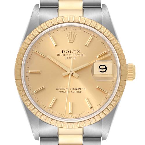 Photo of Rolex Date Steel Yellow Gold Engine Turned Bezel Champagne Dial Mens Watch 15223