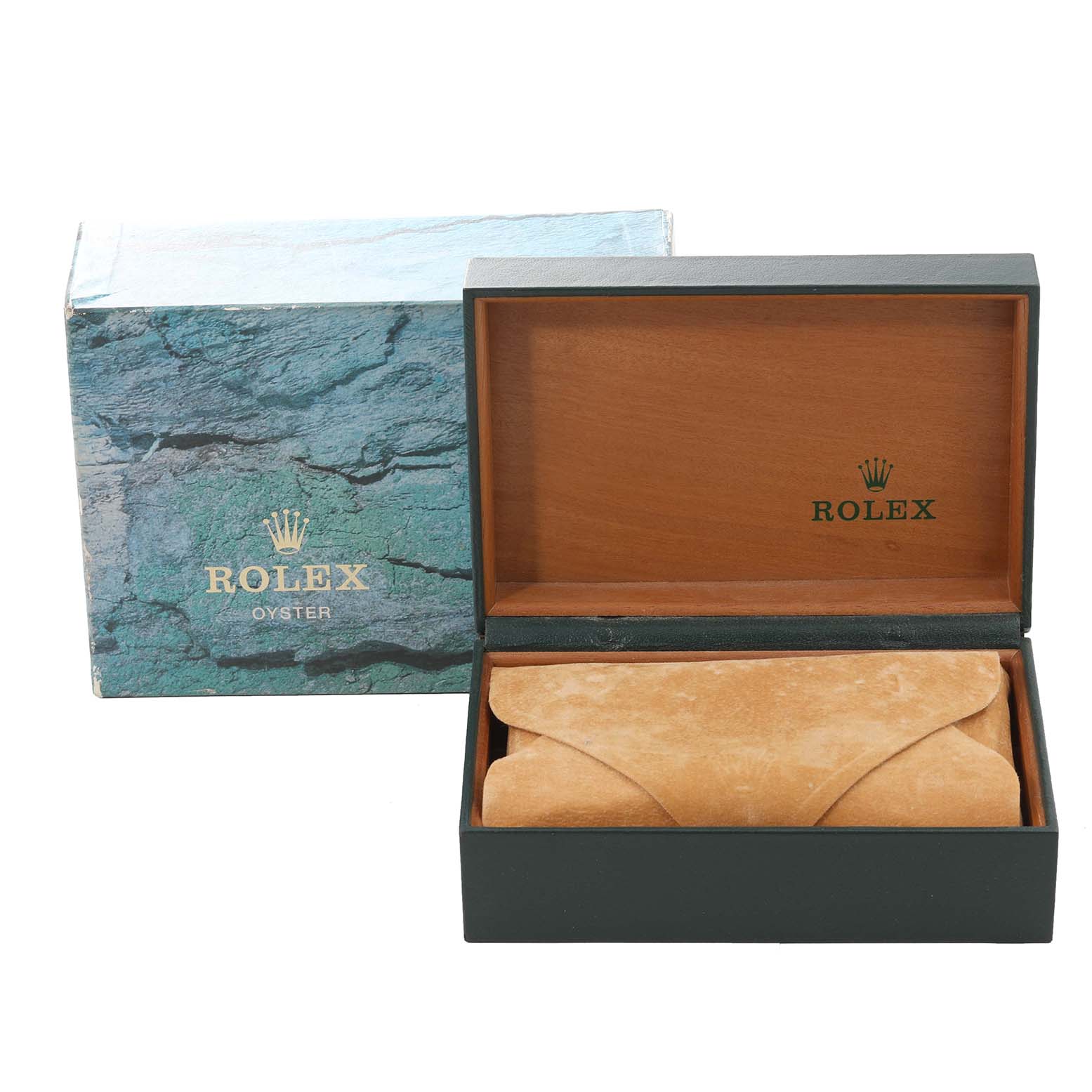 The image shows a Rolex Date 15223 Men's Steel and Gold (two tone) Champagne Dial 15223 Men's Steel and Gold (two tone) Champagne Dial model's branded box and a leather case for the watch, both partially open from a front angle.