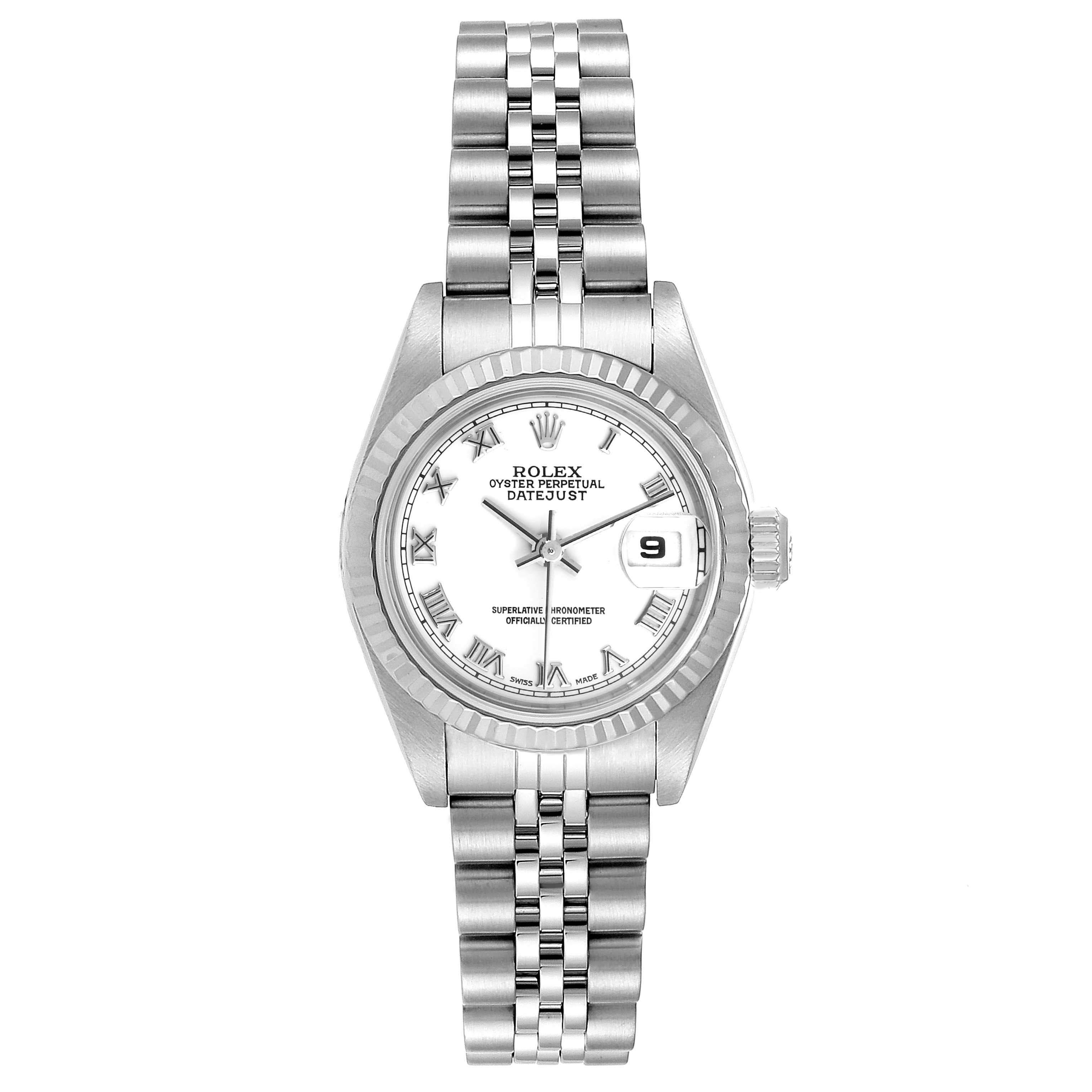 The image shows a Rolex Datejust 79174 Women's Stainless Steel White Dial 79174 Women's Stainless Steel White Dial watch from a top-down view, displaying its bezel, dial, bracelet, and date window.