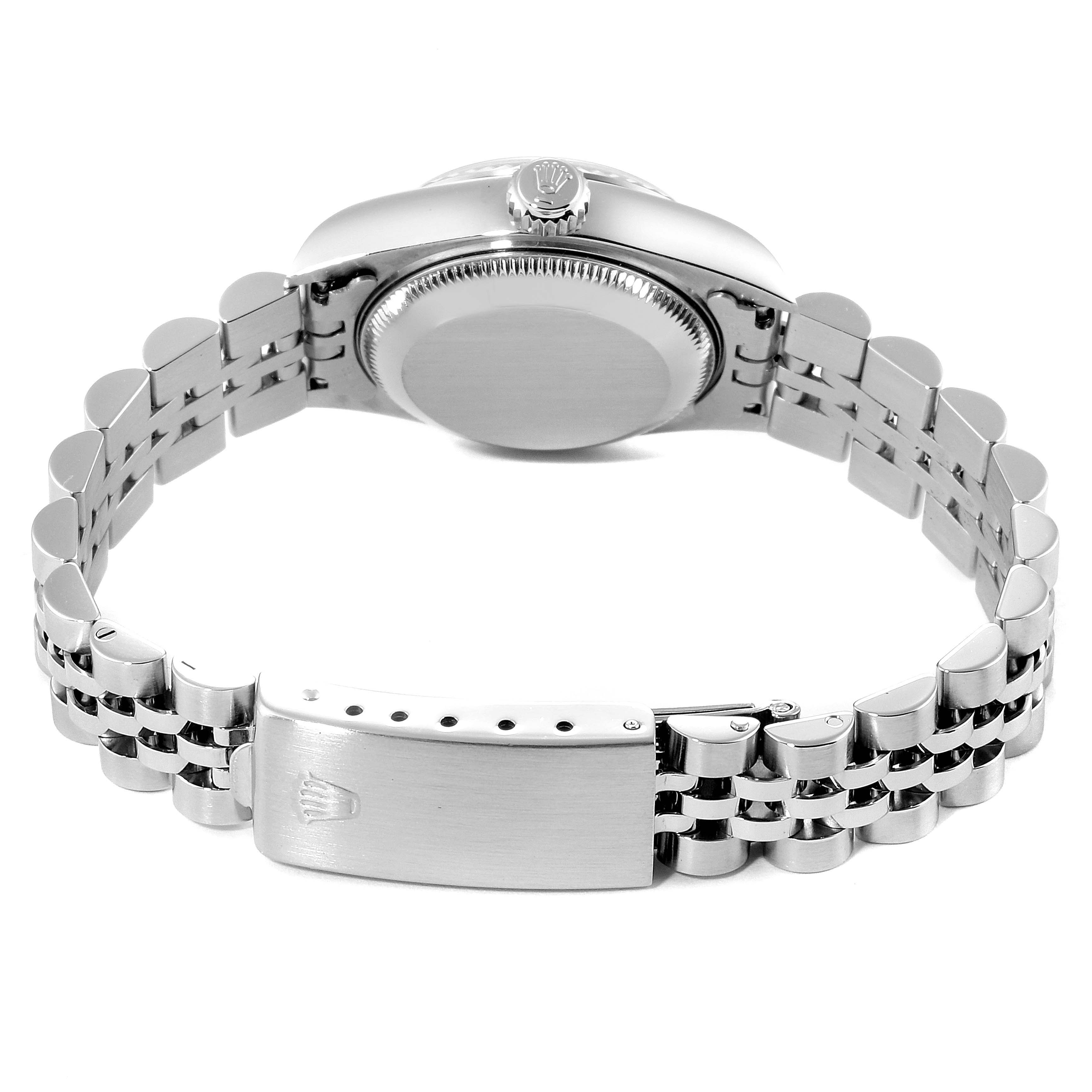 This image shows the back view of the Rolex Datejust 79174 Women's Stainless Steel White Dial 79174 Women's Stainless Steel White Dial watch, highlighting its case back, and bracelet clasp.