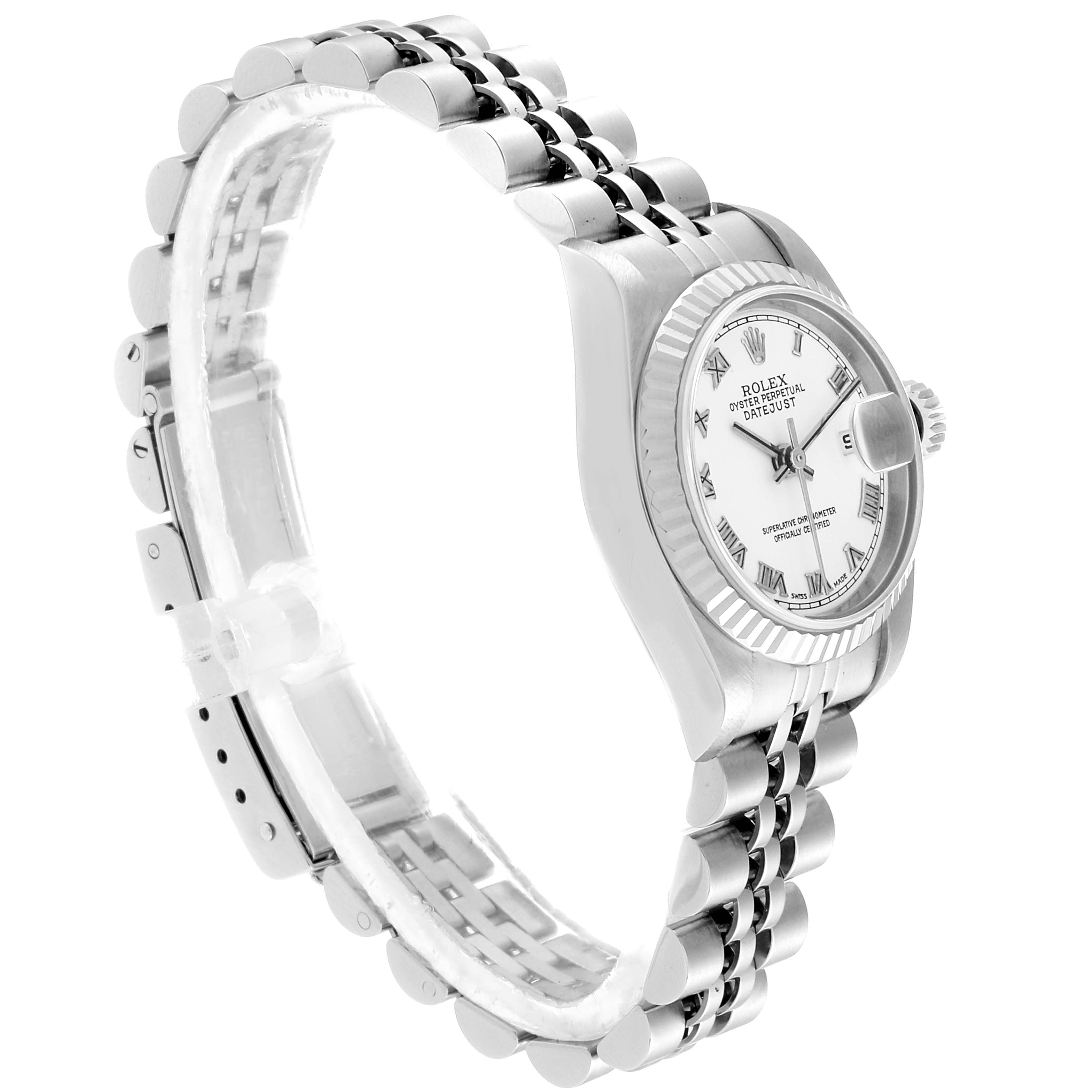 The image shows the Rolex Datejust 79174 Women's Stainless Steel White Dial 79174 Women's Stainless Steel White Dial watch from an angled side view, featuring its dial, bezel, and bracelet.