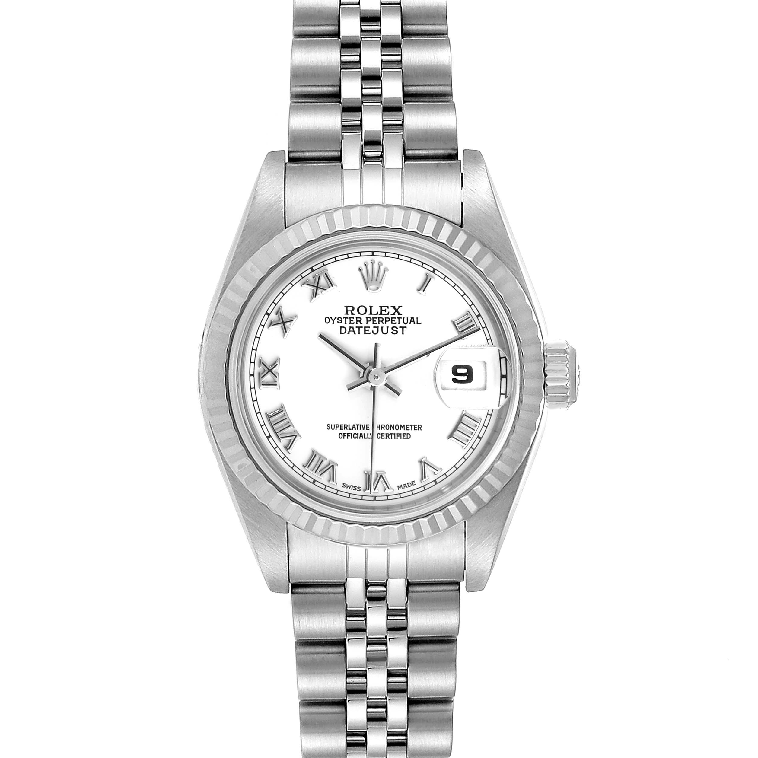 The image shows a front view of a Rolex Datejust 79174 Women's Stainless Steel White Dial 79174 Women's Stainless Steel White Dial watch, featuring its dial, bezel, and bracelet.