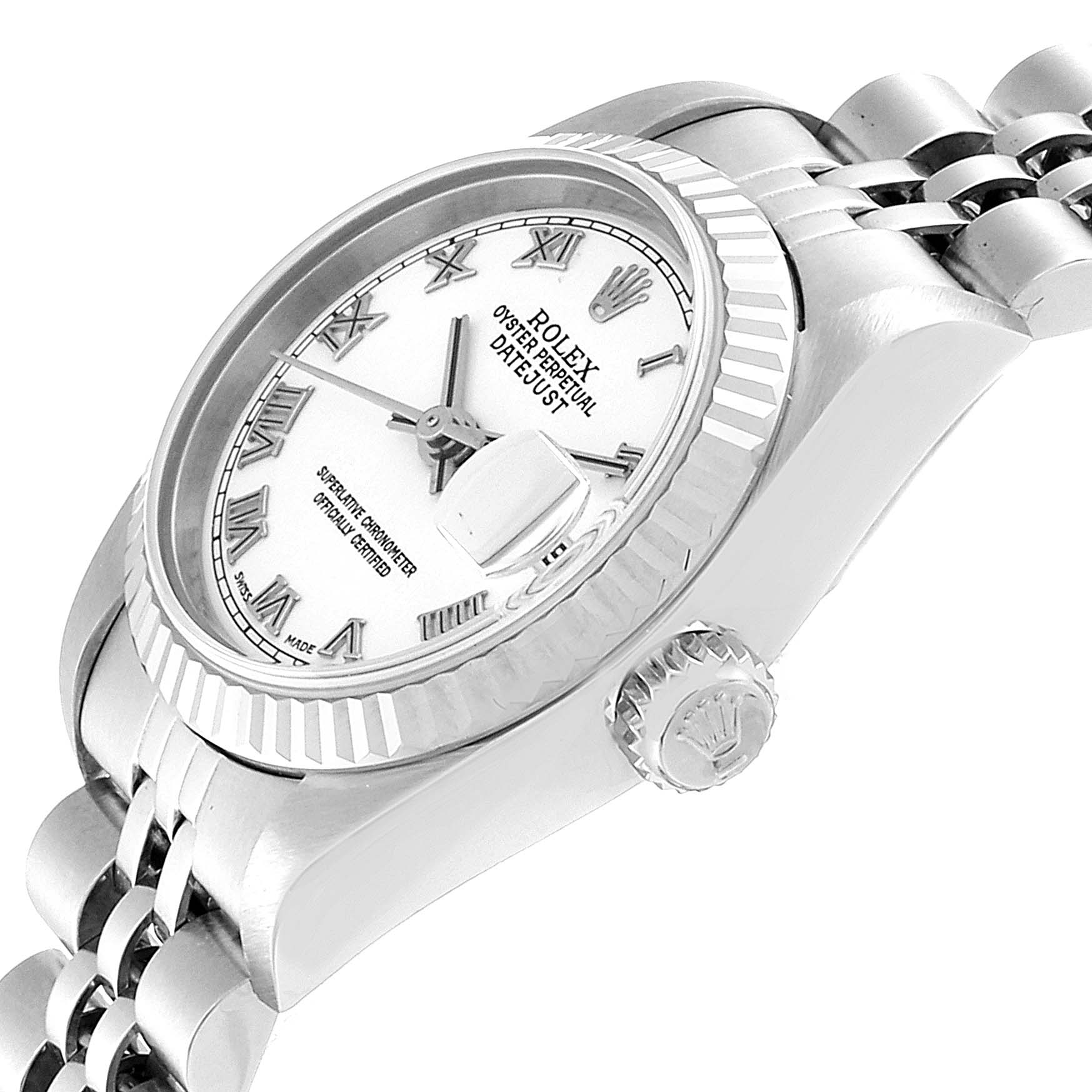 The Rolex Datejust 79174 Women's Stainless Steel White Dial 79174 Women's Stainless Steel White Dial watch is shown from an angled side view, focusing on the dial, bezel, crown, and part of the bracelet.
