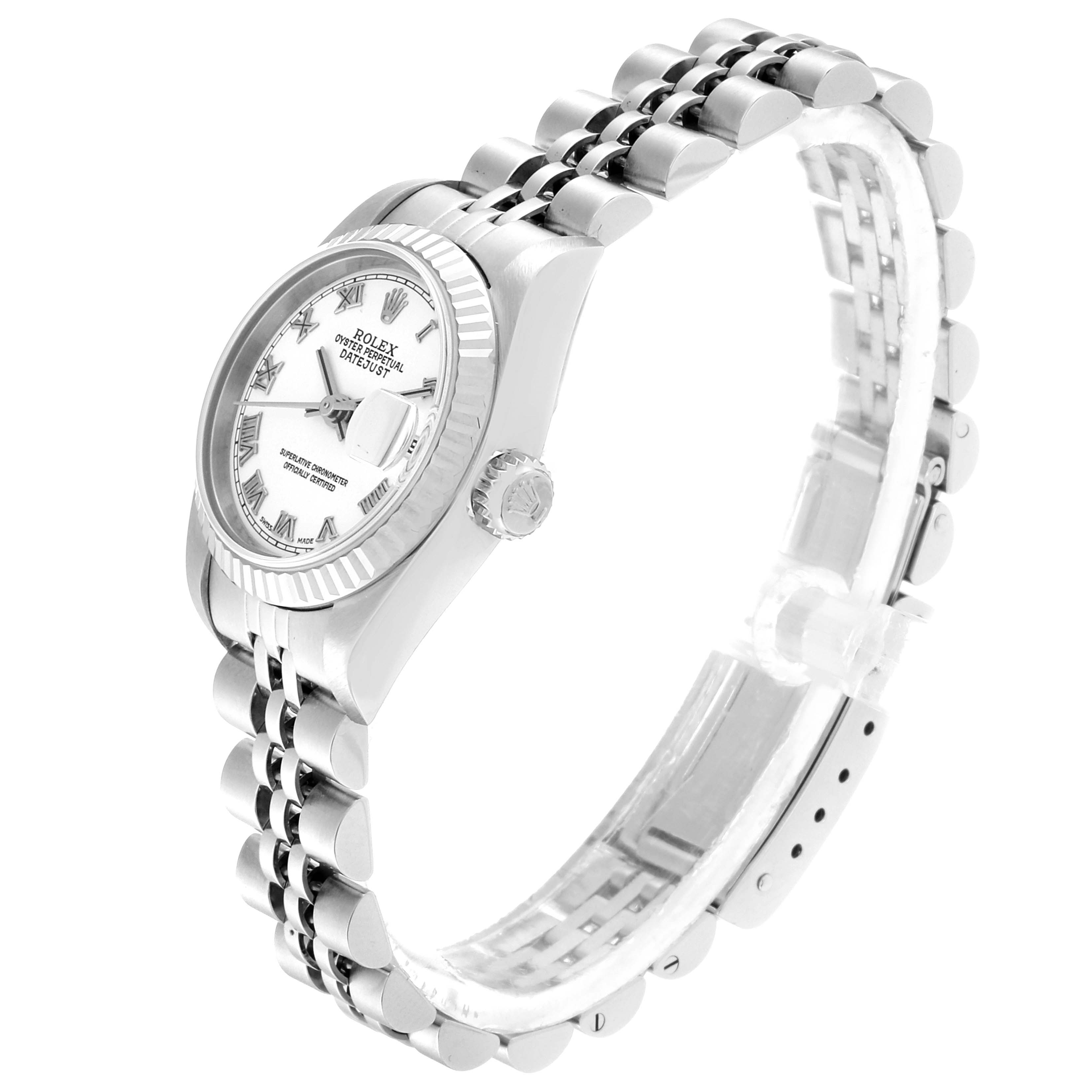 The image shows a Rolex Datejust 79174 Women's Stainless Steel White Dial 79174 Women's Stainless Steel White Dial watch at an angled side view, displaying the face, crown, bezel, and bracelet.