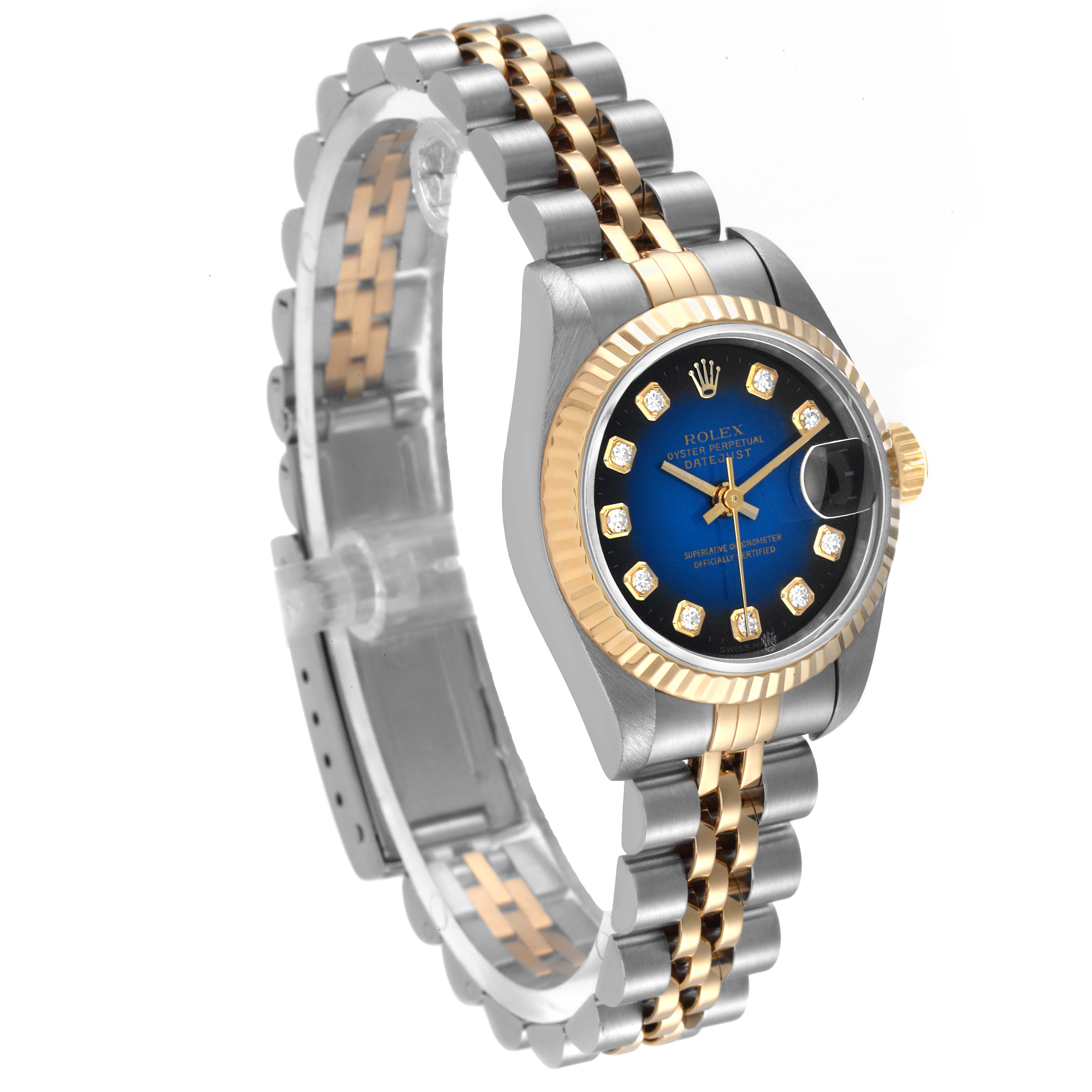 The image shows a side angle of the Rolex Datejust 69173 Women's Steel and Gold (two tone) Blue Dial 69173 Women's Steel and Gold (two tone) Blue Dial watch, highlighting its two-tone bracelet and blue dial with diamond markers.