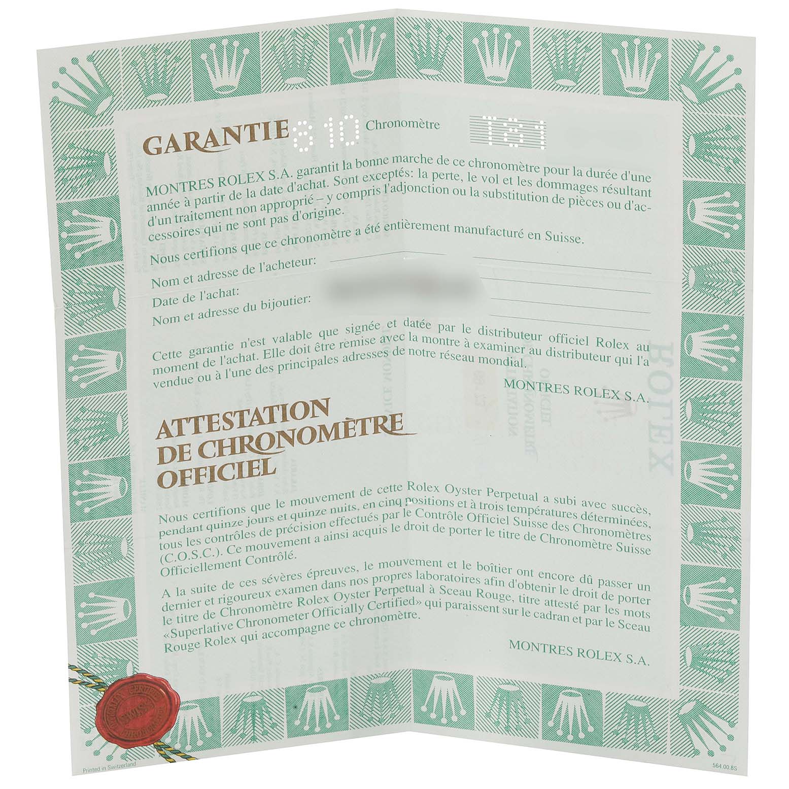 The image shows a warranty and official chronometer certificate for a Rolex Datejust 69173 Women's Steel and Gold (two tone) Blue Dial 69173 Women's Steel and Gold (two tone) Blue Dial watch, viewed from a slightly angled, front perspective.