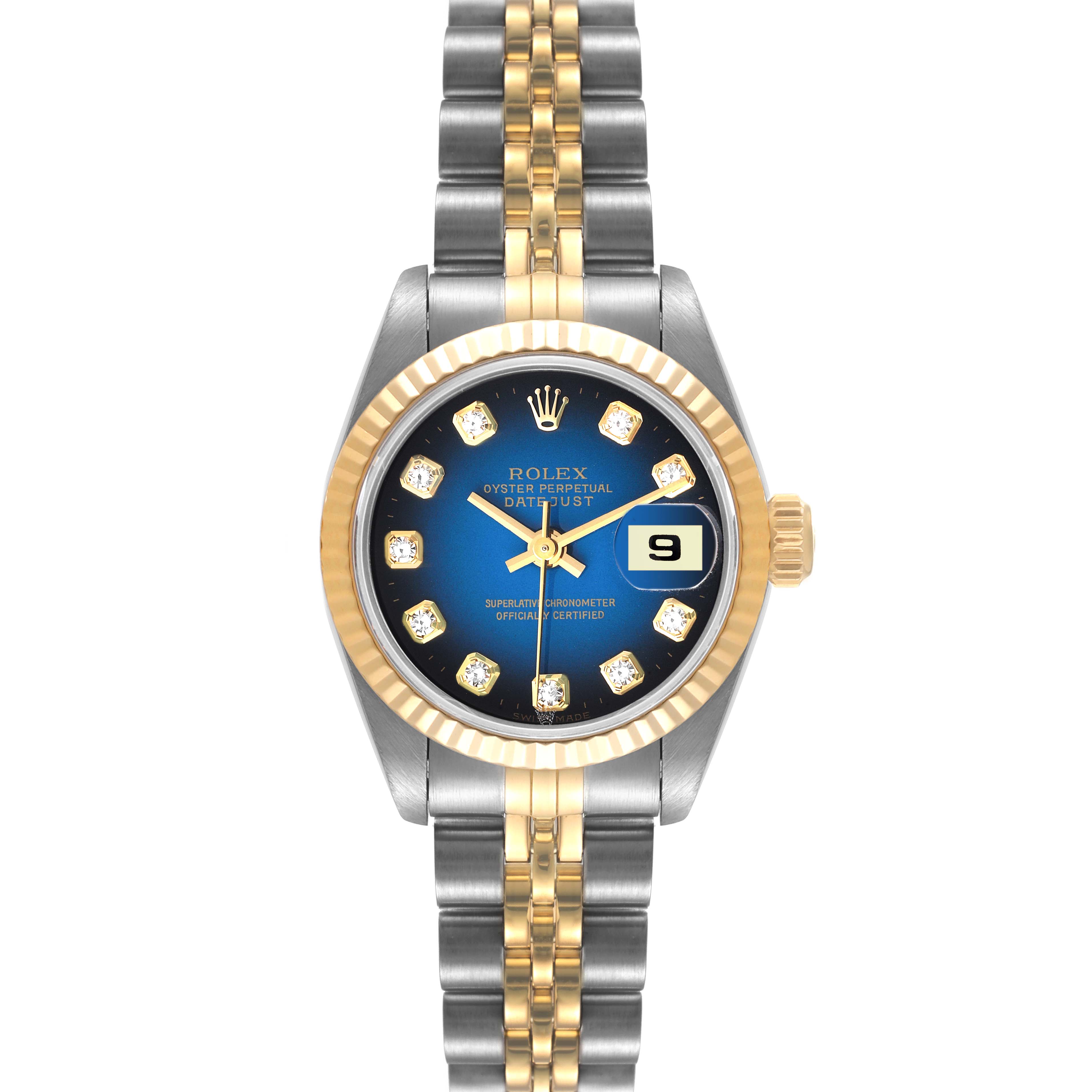 The image shows a full front view of a Rolex Datejust 69173 Women's Steel and Gold (two tone) Blue Dial 69173 Women's Steel and Gold (two tone) Blue Dial watch, featuring its bezel, dial, hands, date window, and bracelet.