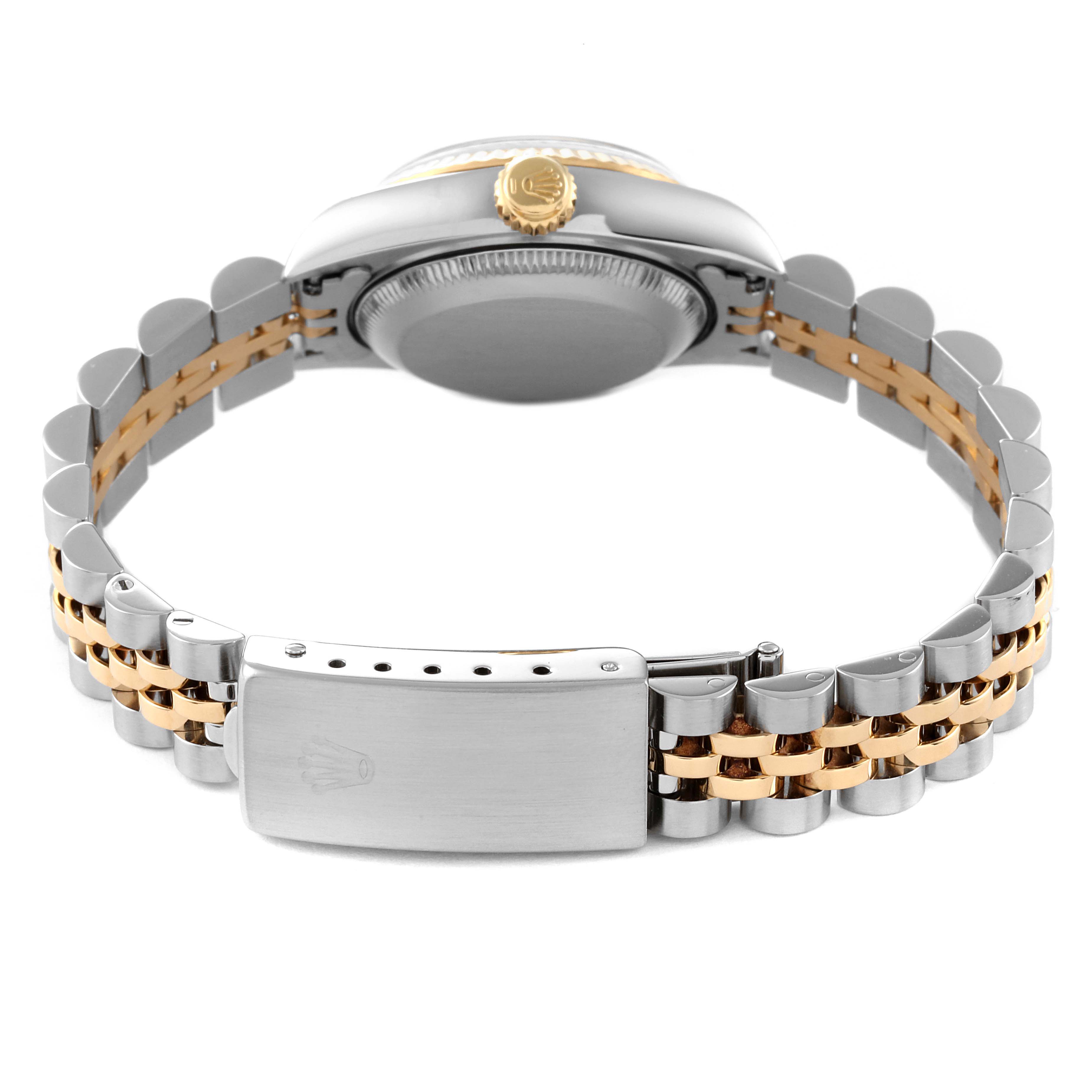 The image shows the back view of a Rolex Datejust 69173 Women's Steel and Gold (two tone) Blue Dial 69173 Women's Steel and Gold (two tone) Blue Dial watch, highlighting its clasp and two-tone metal bracelet.