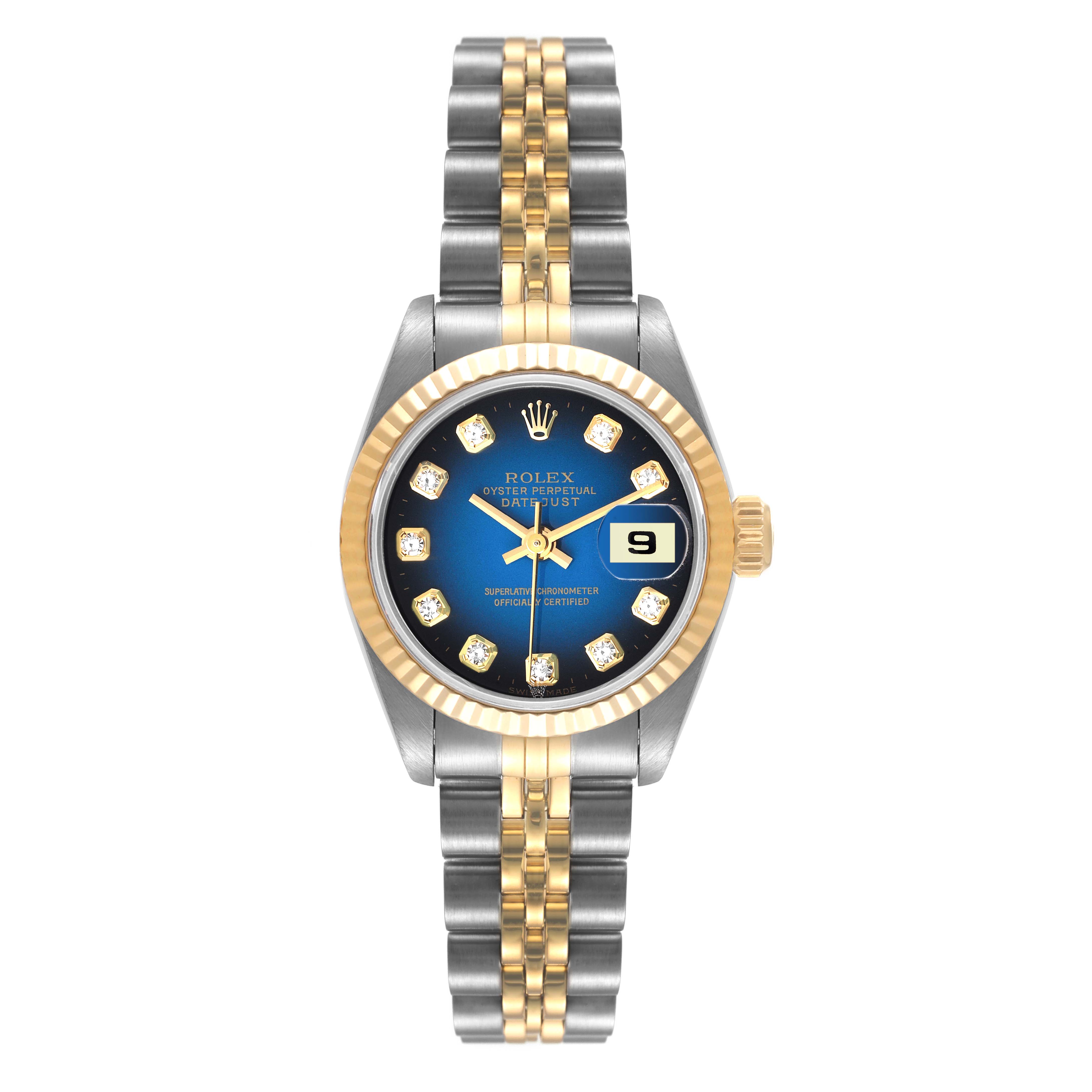 This image shows a Rolex Datejust 69173 Women's Steel and Gold (two tone) Blue Dial 69173 Women's Steel and Gold (two tone) Blue Dial watch from a top-down angle, highlighting its face, bezel, and two-tone metal bracelet.