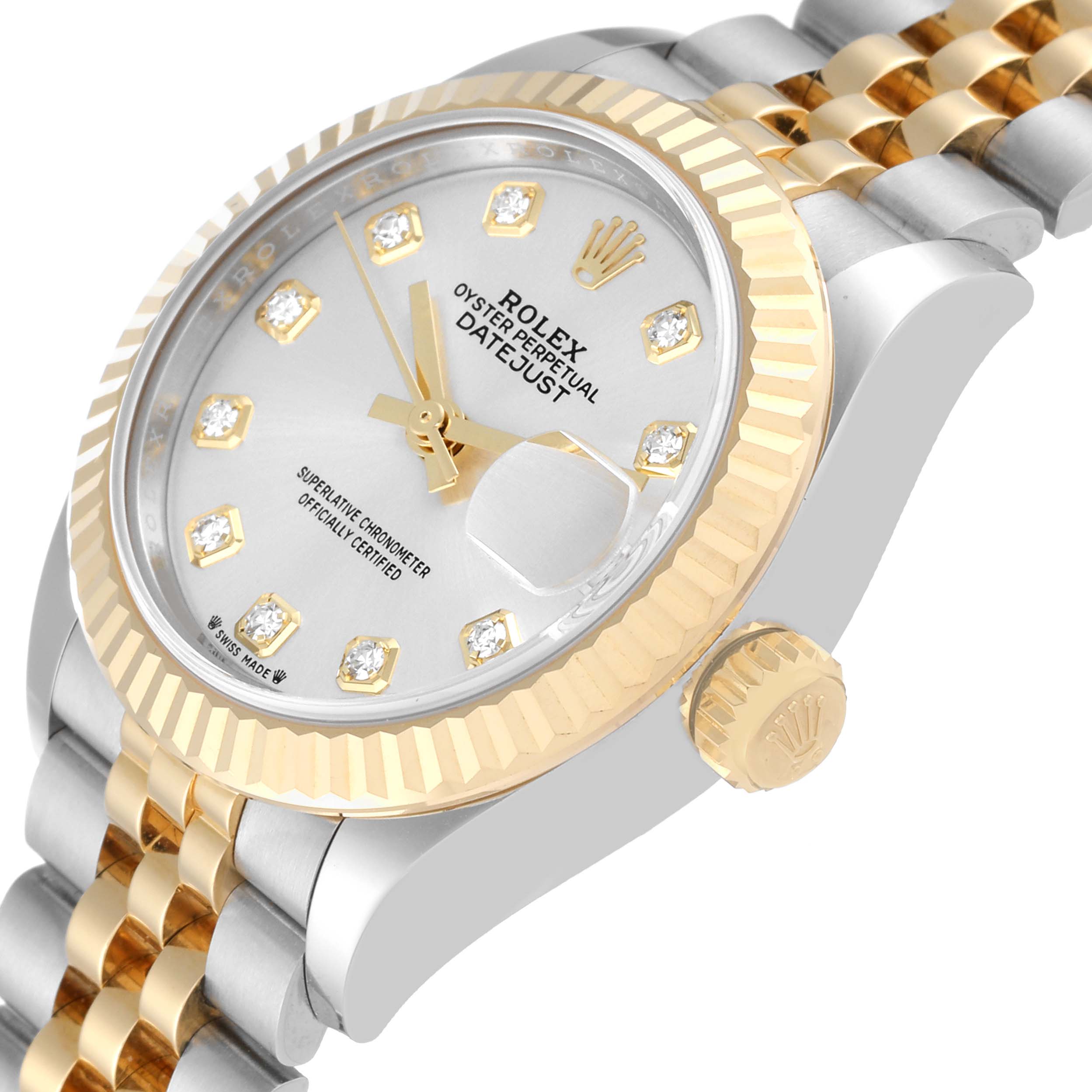 The Rolex Datejust 279173 Women's Steel and Gold (two tone) Silver Dial 279173 Women's Steel and Gold (two tone) Silver Dial watch is shown at a slight angle, displaying the face, bezel, crown, and part of the bracelet.
