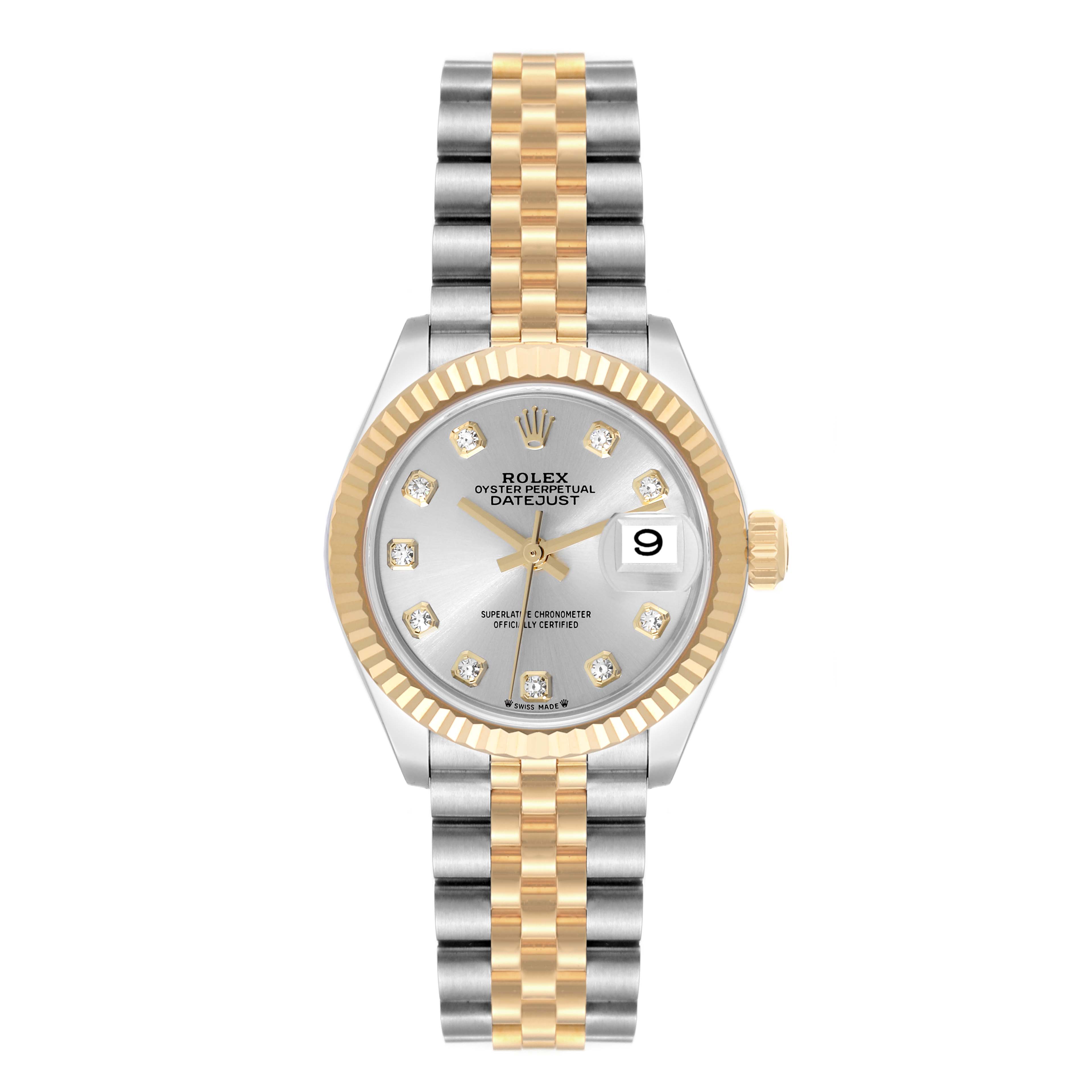 This image shows a frontal view of the Rolex Datejust 279173 Women's Steel and Gold (two tone) Silver Dial 279173 Women's Steel and Gold (two tone) Silver Dial watch, displaying its two-tone bracelet and diamond hour markers.