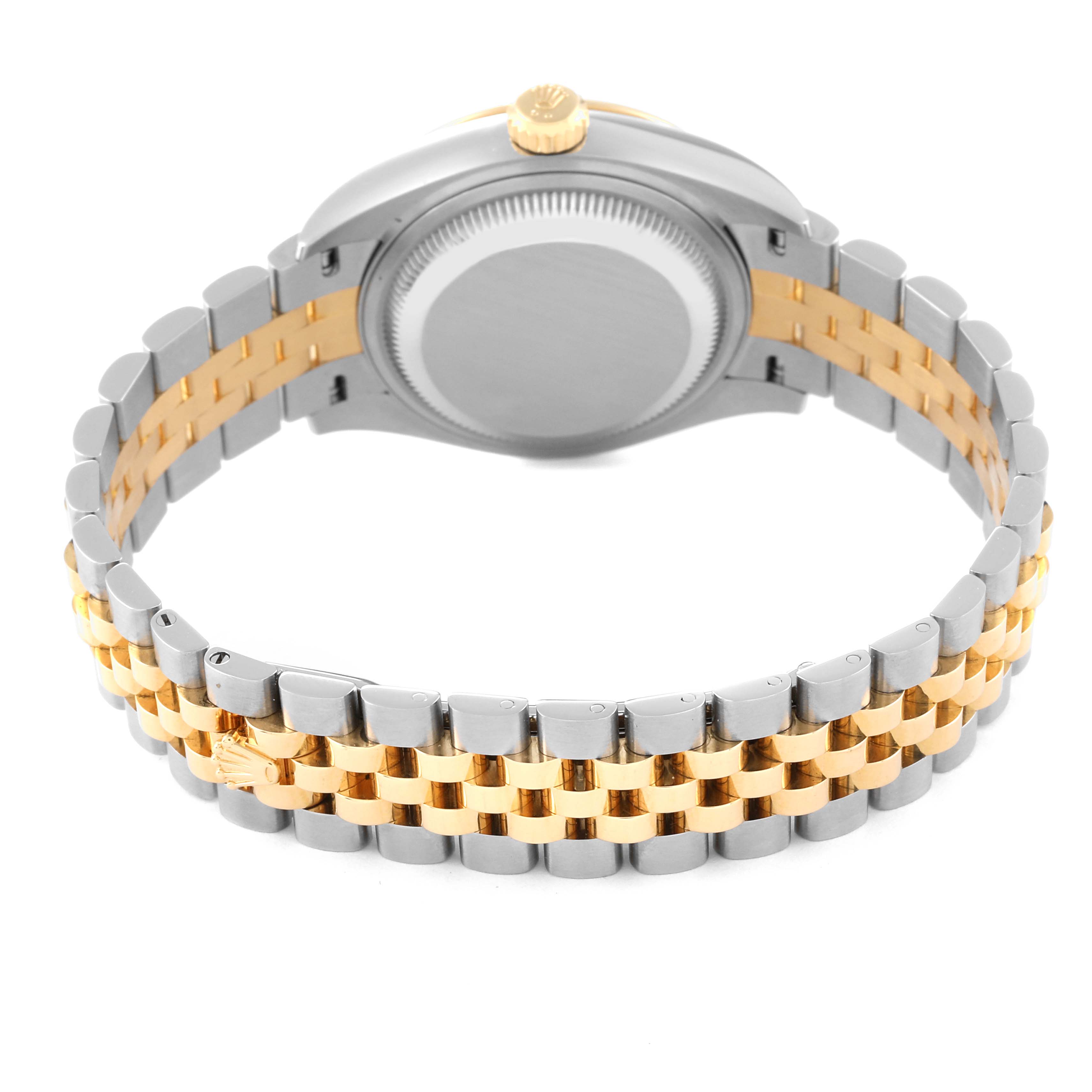 This image shows the back case and dual-tone bracelet of a Rolex Datejust 279173 Women's Steel and Gold (two tone) Silver Dial 279173 Women's Steel and Gold (two tone) Silver Dial watch from an angle slightly above the rear view.