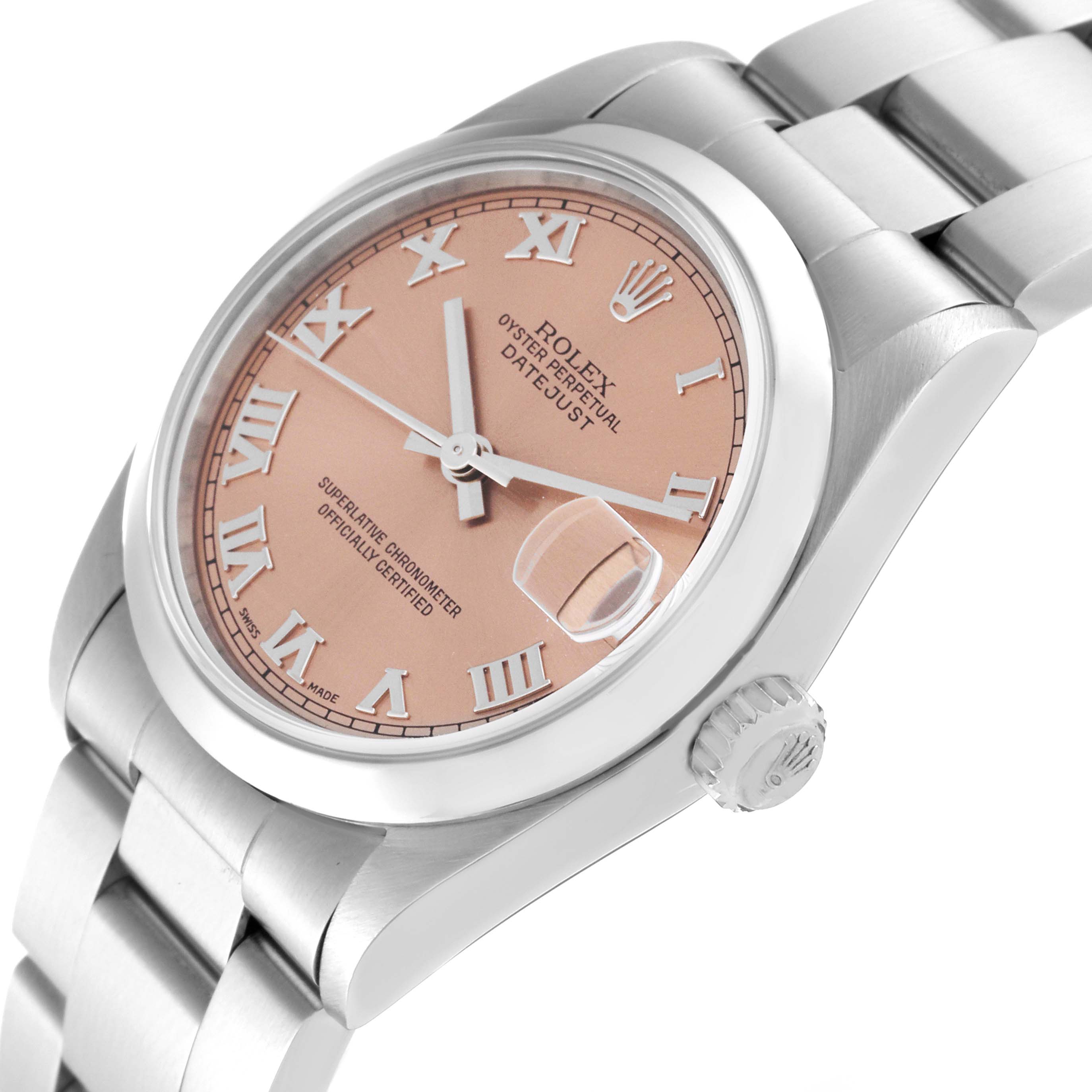 This image shows a close-up, angled view of a Rolex Mid-Size 78240 Women's Stainless Steel Pink Dial 78240 Women's Stainless Steel Pink Dial Oyster Perpetual Datejust watch, displaying the dial, bezel, and part of the bracelet.