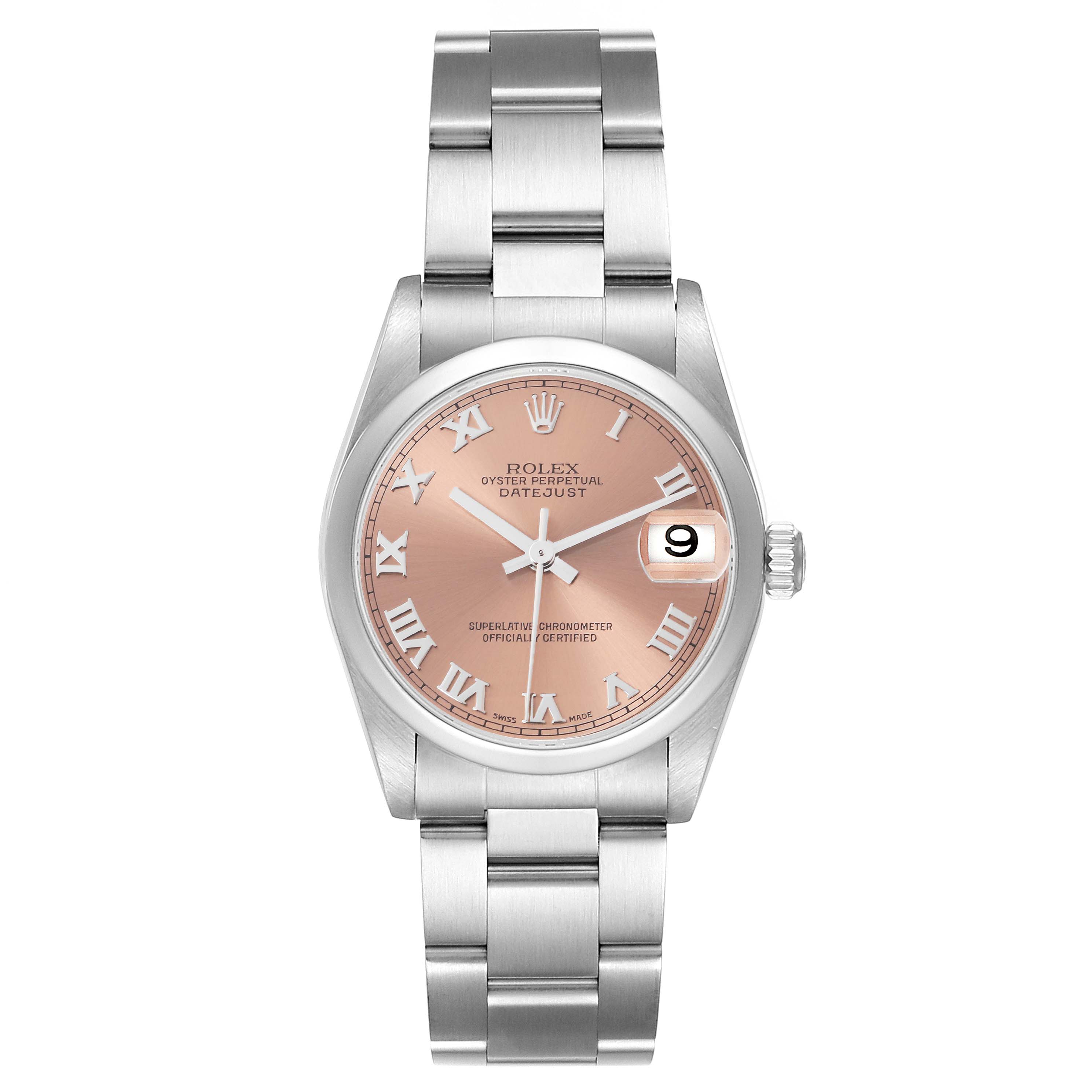 This image shows a front view of a Rolex Datejust Mid-Size watch with a pink dial and Roman numeral hour markers.