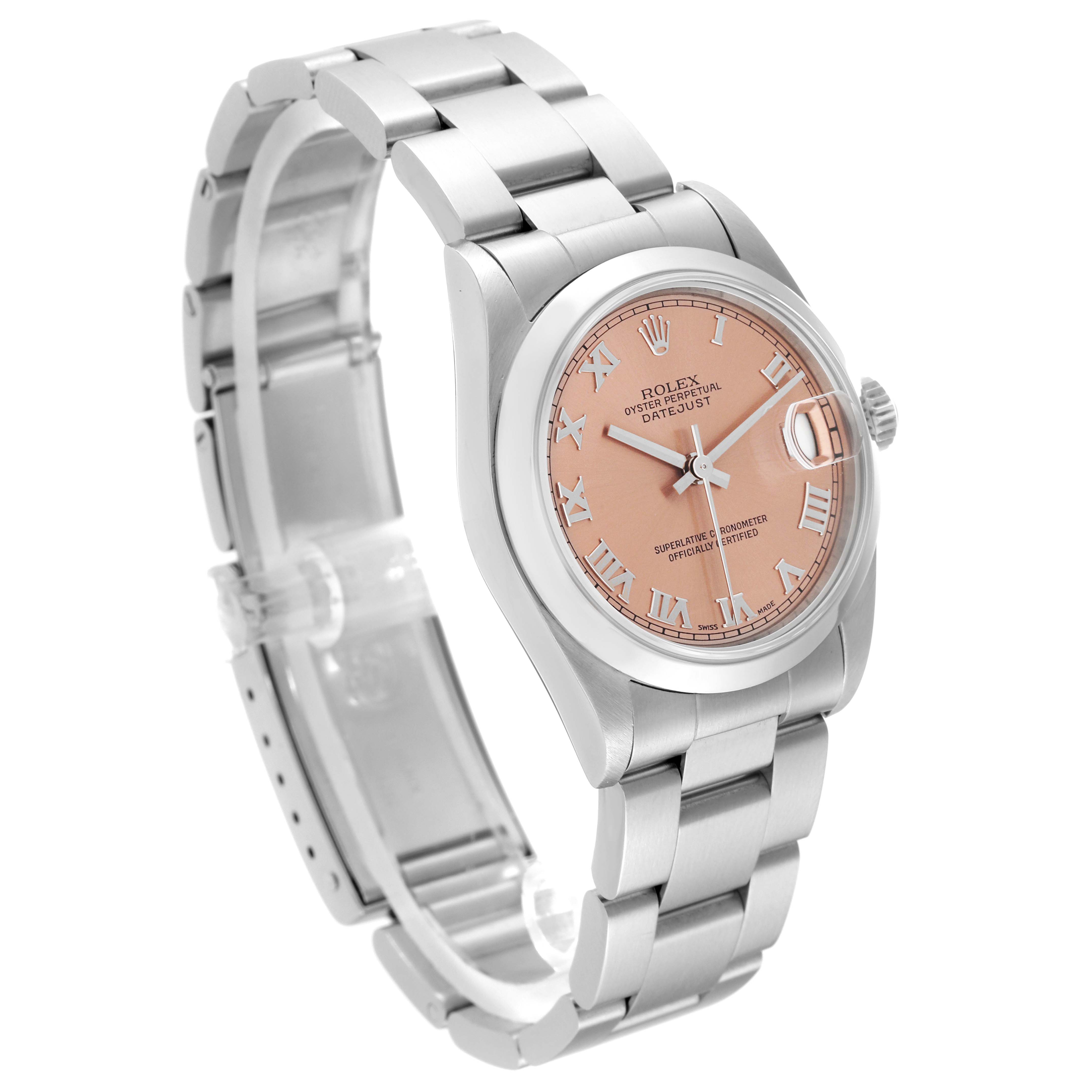 This image shows a Rolex Mid-Size 78240 Women's Stainless Steel Pink Dial 78240 Women's Stainless Steel Pink Dial model with a side angle view, displaying the bracelet, case, and face.