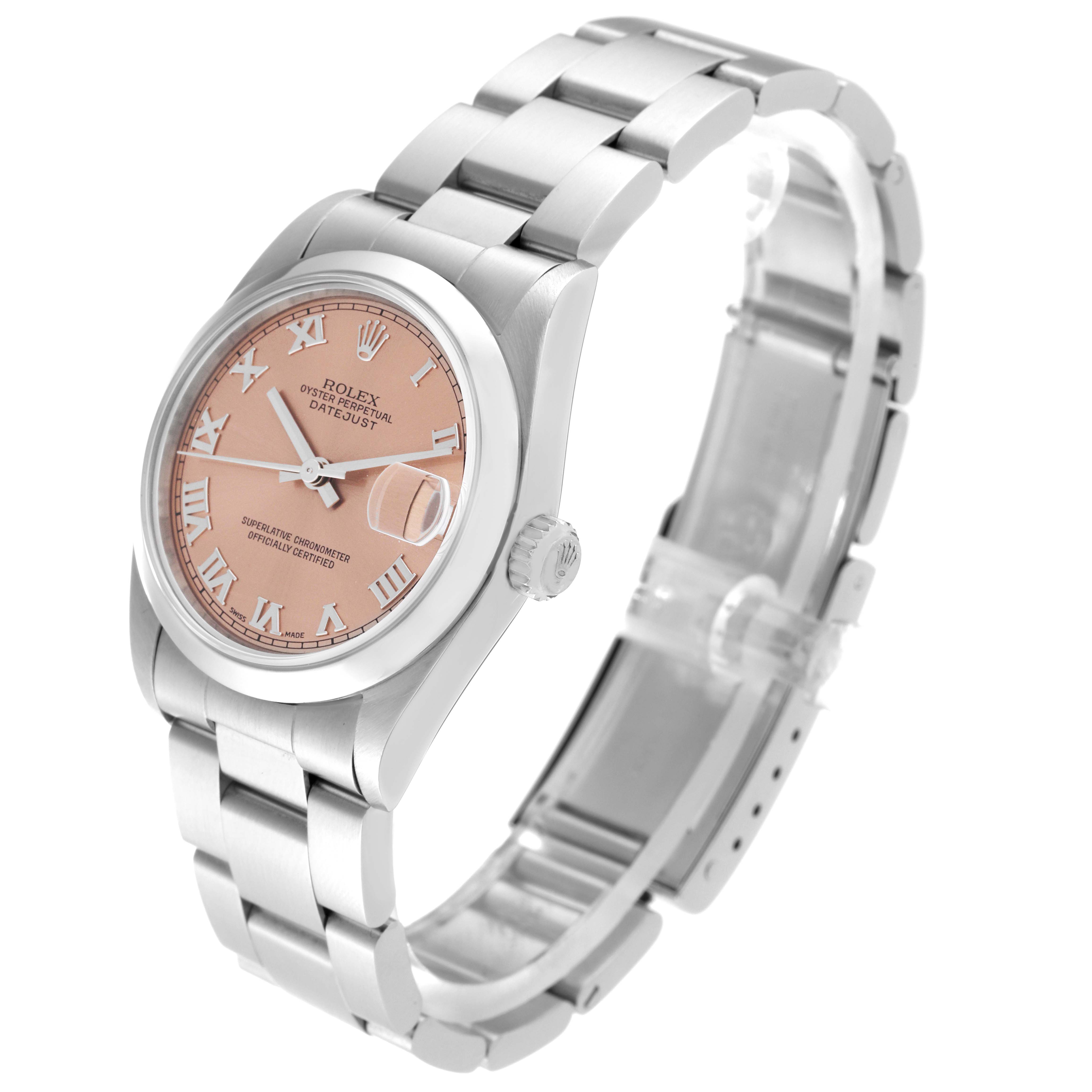 The Rolex Mid-Size 78240 Women's Stainless Steel Pink Dial 78240 Women's Stainless Steel Pink Dial model wristwatch is shown at a slight side angle, displaying the face, bezel, crown, and part of the bracelet.