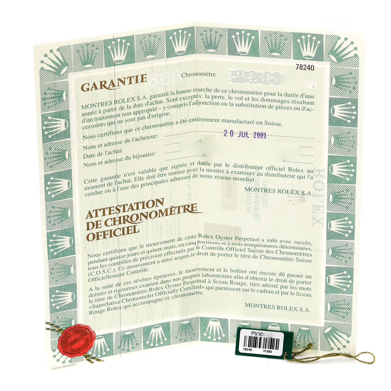 The image shows a warranty card or certificate for the Rolex Mid-Size 78240 Women's Stainless Steel Pink Dial 78240 Women's Stainless Steel Pink Dial model, displaying details of purchase and official chronometer certification.