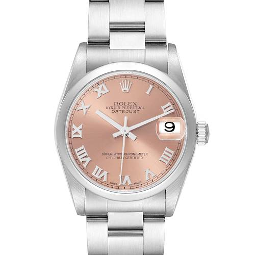 The image shows a front view of a Rolex Mid-Size Datejust watch with a pink dial and Roman numeral markers.