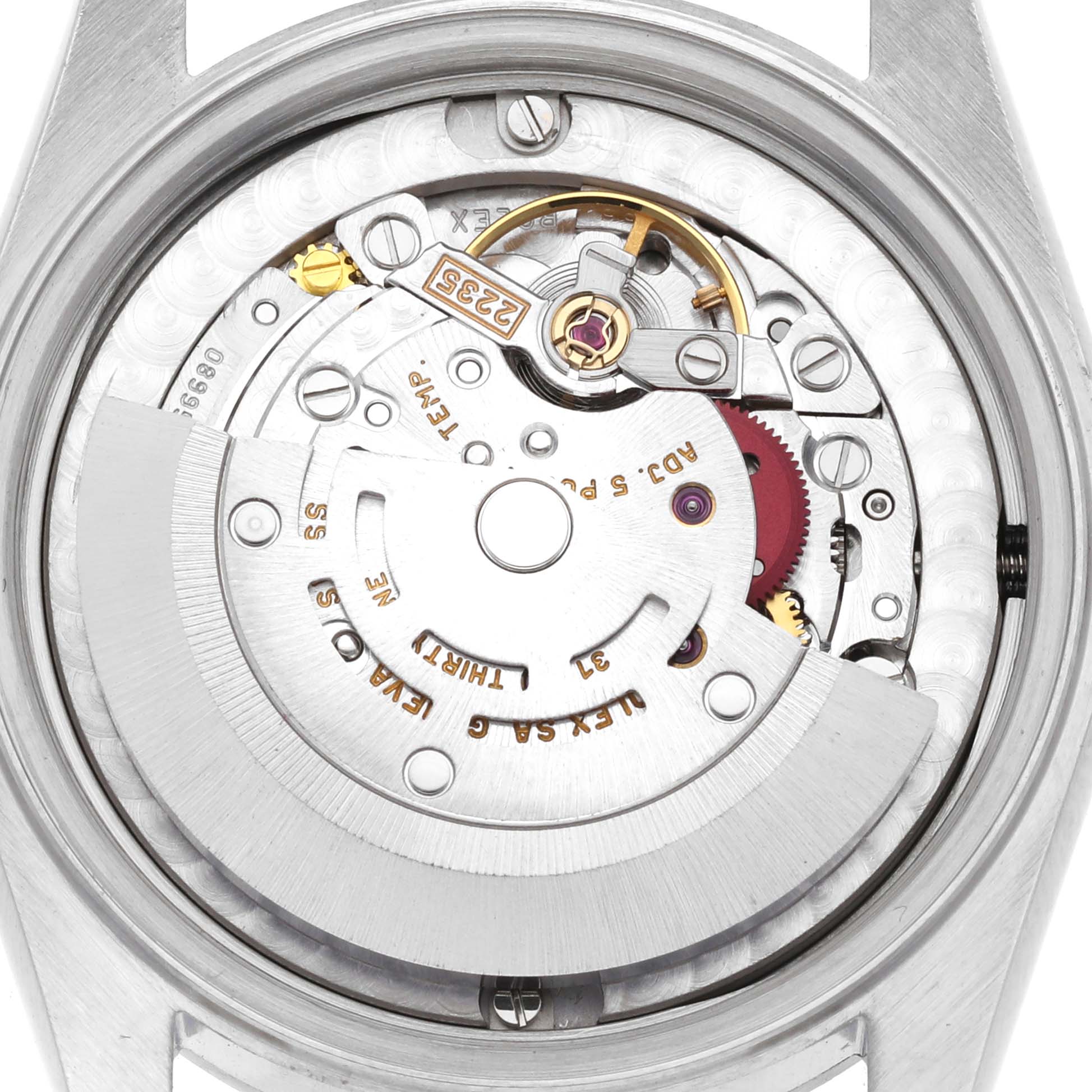 This image shows the internal movement mechanism of a Rolex Mid-Size 78240 Women's Stainless Steel Pink Dial 78240 Women's Stainless Steel Pink Dial model watch from a top-down angle.