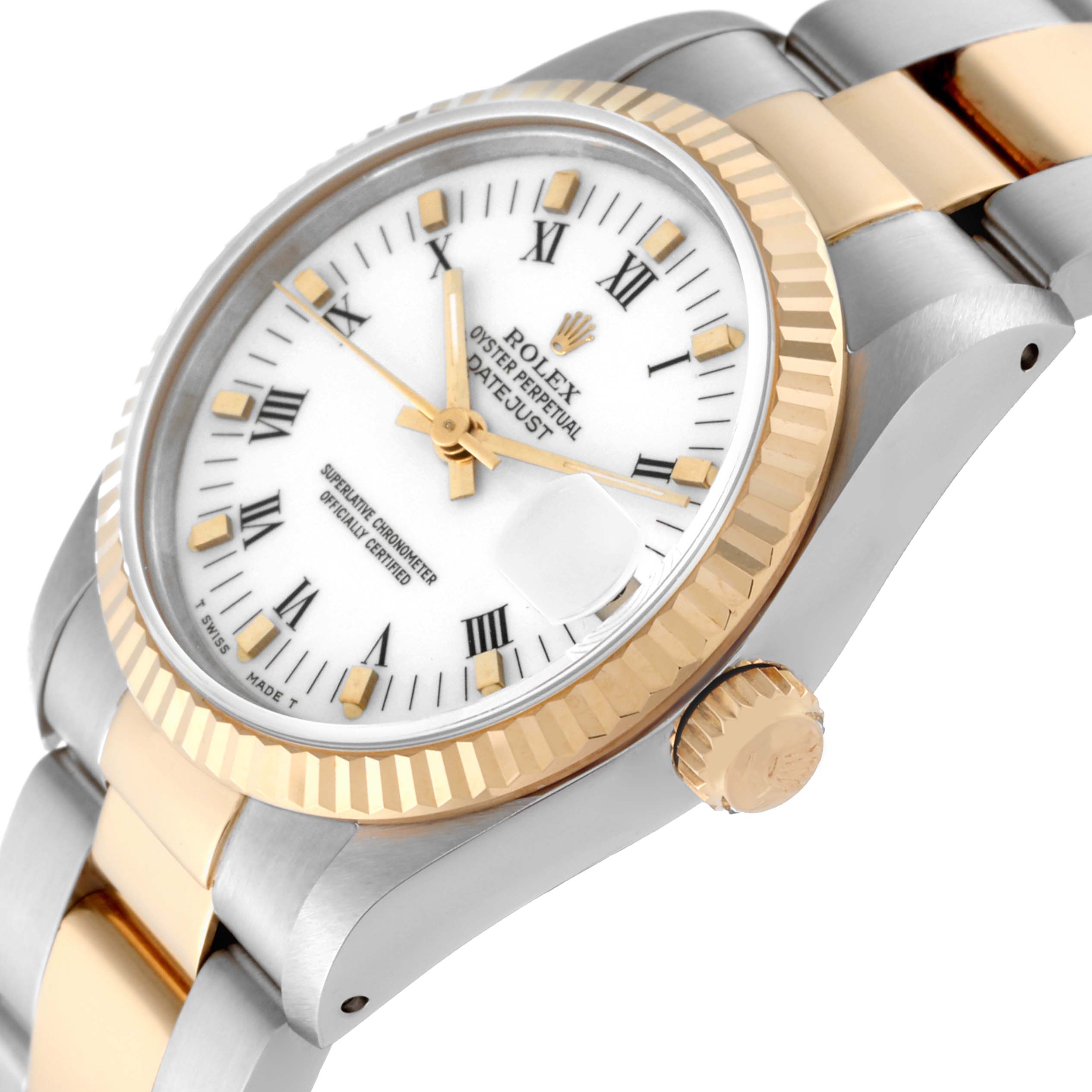 The image shows a Rolex Mid-Size 68273 Women's Steel and Gold (two tone) White Dial 68273 Women's Steel and Gold (two tone) White Dial Datejust watch at a slightly angled side view, highlighting the dial, bezel, crown, and part of the bracelet.